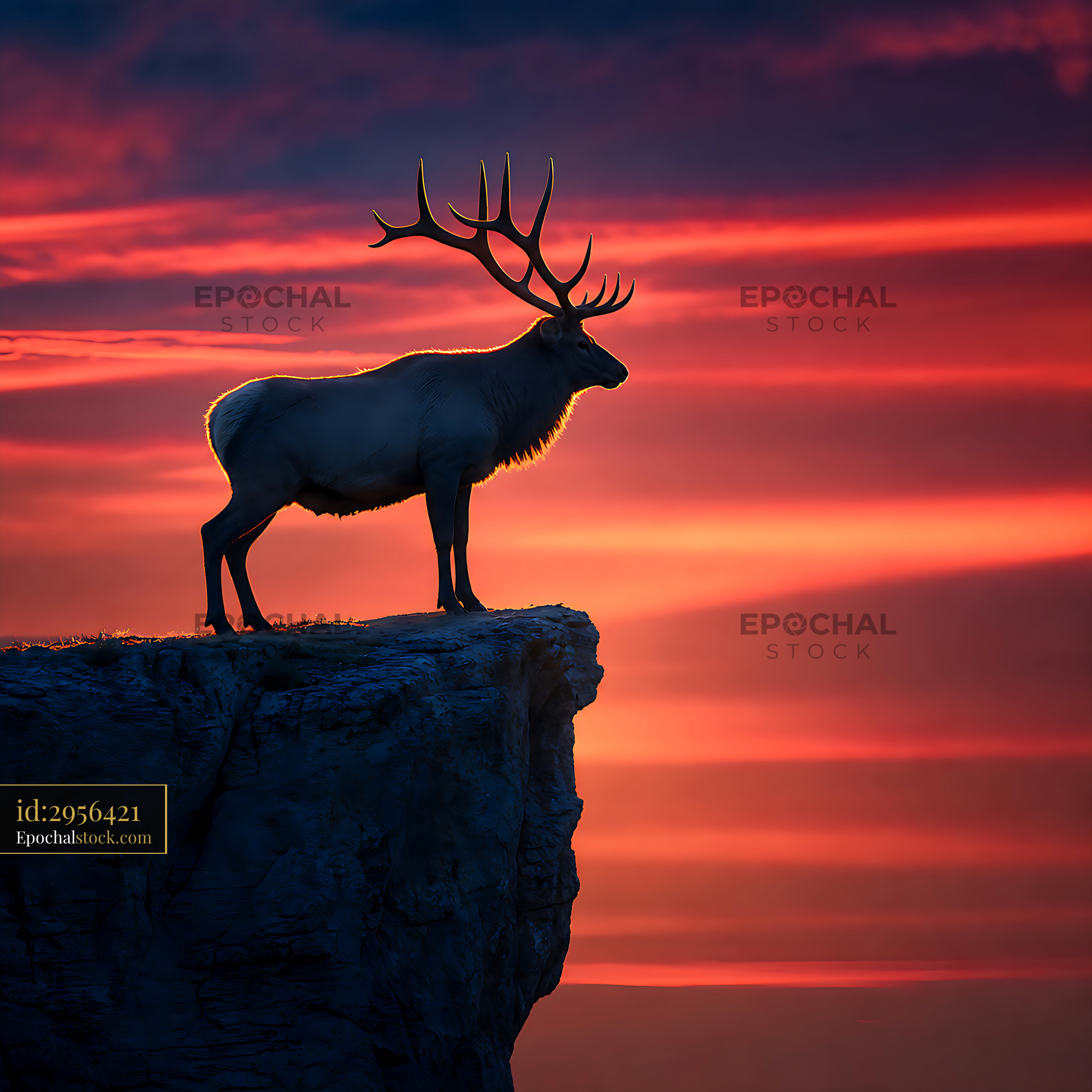 Watermarked full-resolution preview of Stag standing on cliff edge during sunset