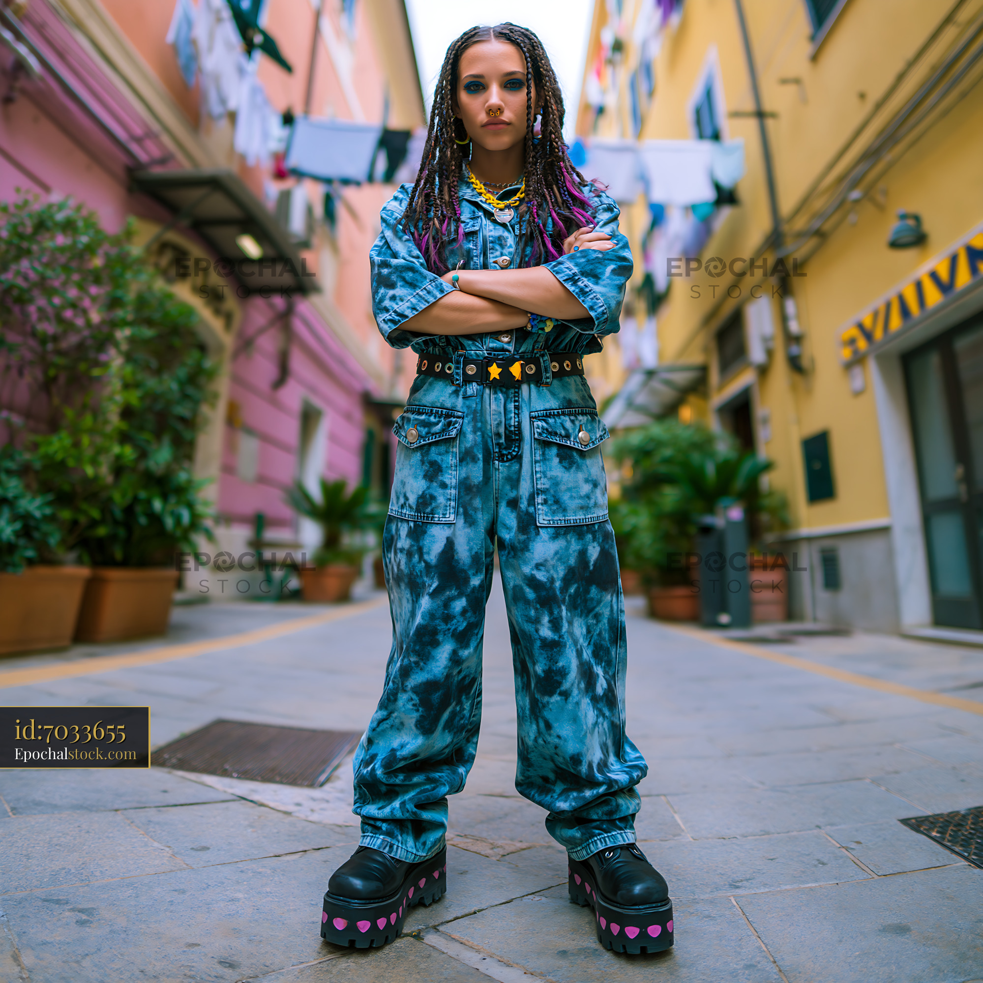 Watermarked full-resolution preview of Young woman in denim outfit stands in urban alley