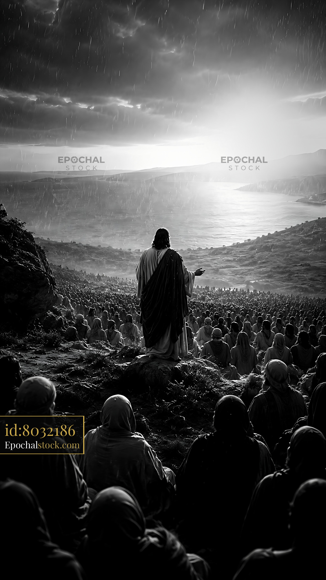 Jesus Speaking to a Large Crowd on a Stormy Day - stock photo