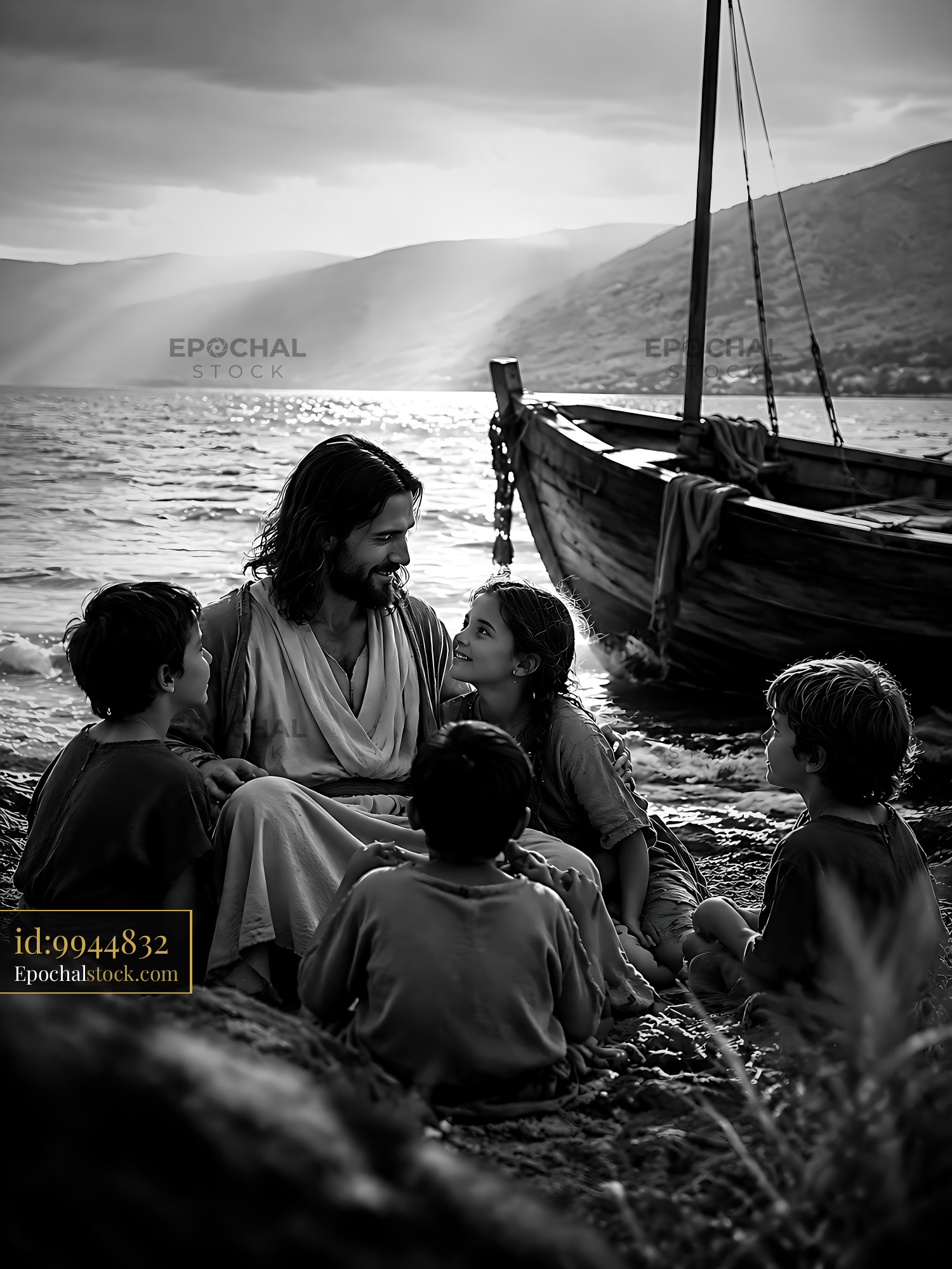 Jesus Sits With Children by the Water, Sharing Stories and Laughter - stock photo