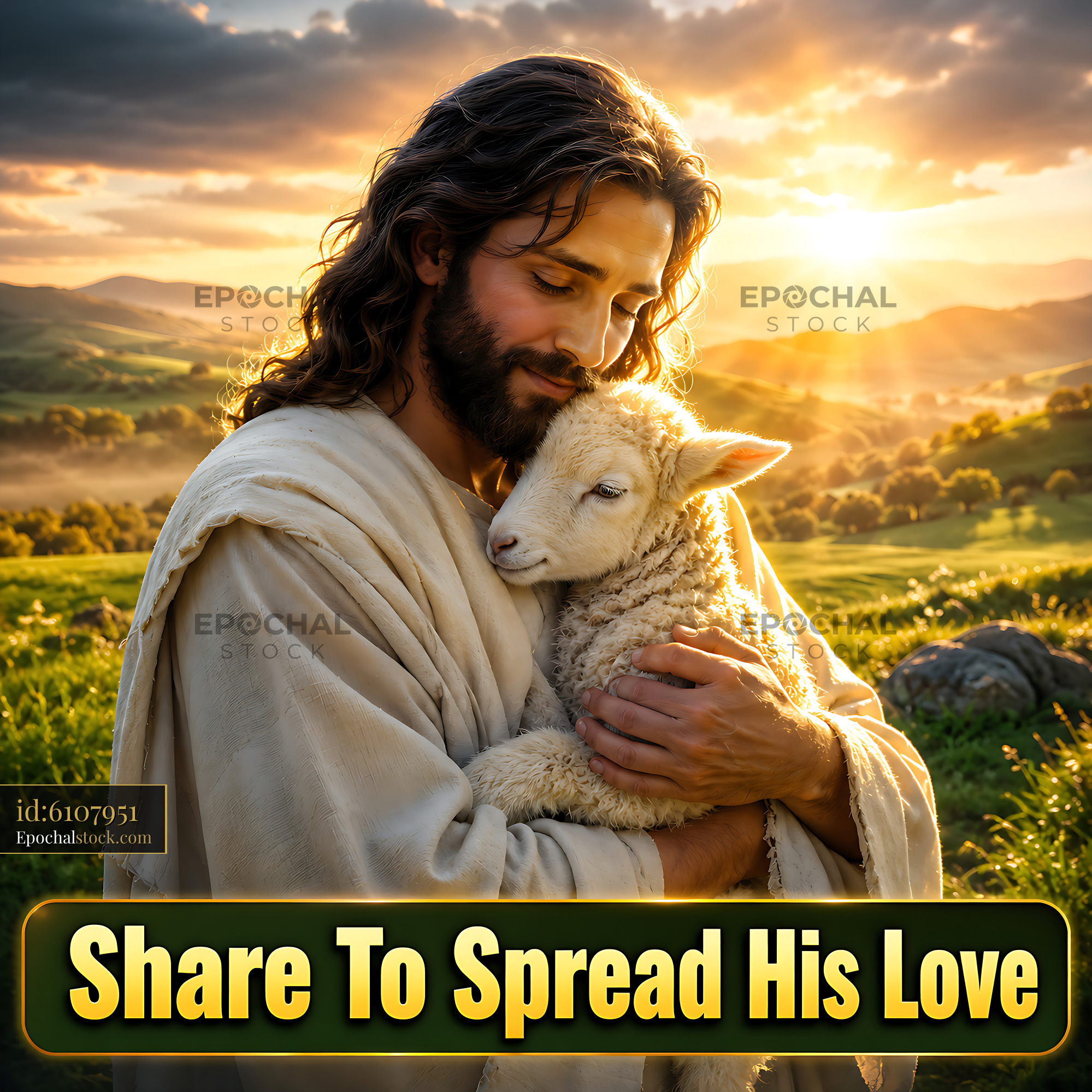 Watermarked full-resolution preview of Shepherd holding a sheep against a sunset backdrop