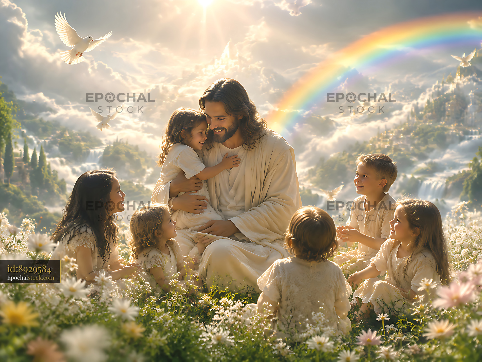 Watermarked full-resolution preview of Children playing with figure in a field of flowers under a rainbow