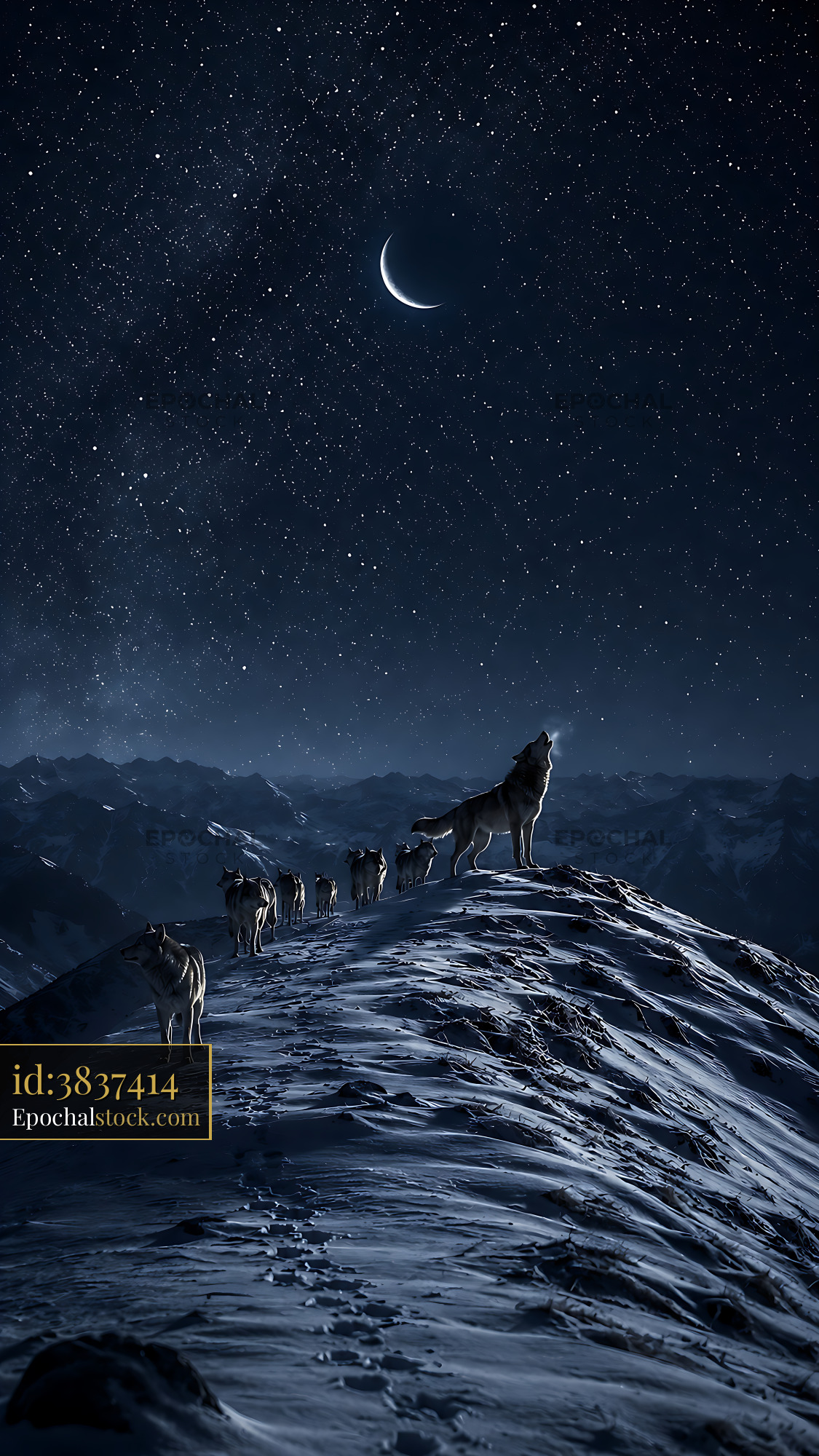 Watermarked full-resolution preview of Wolves on a snowy mountain under a night sky