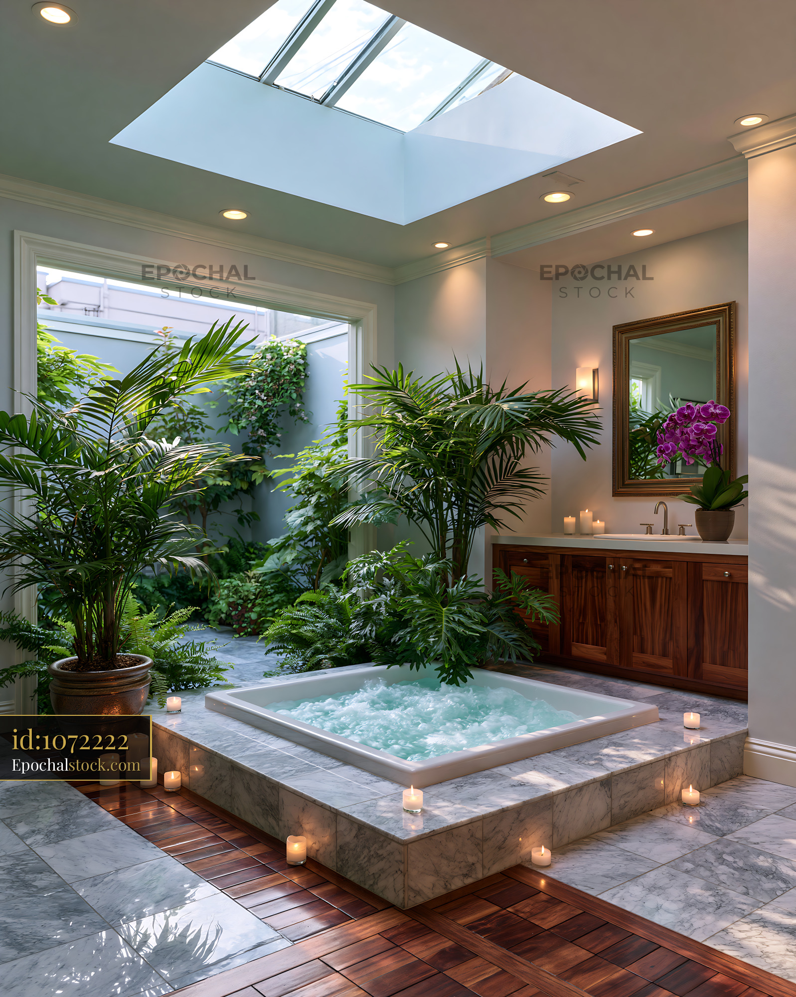 Watermarked full-resolution preview of Private spa area with plants and tub under skylight