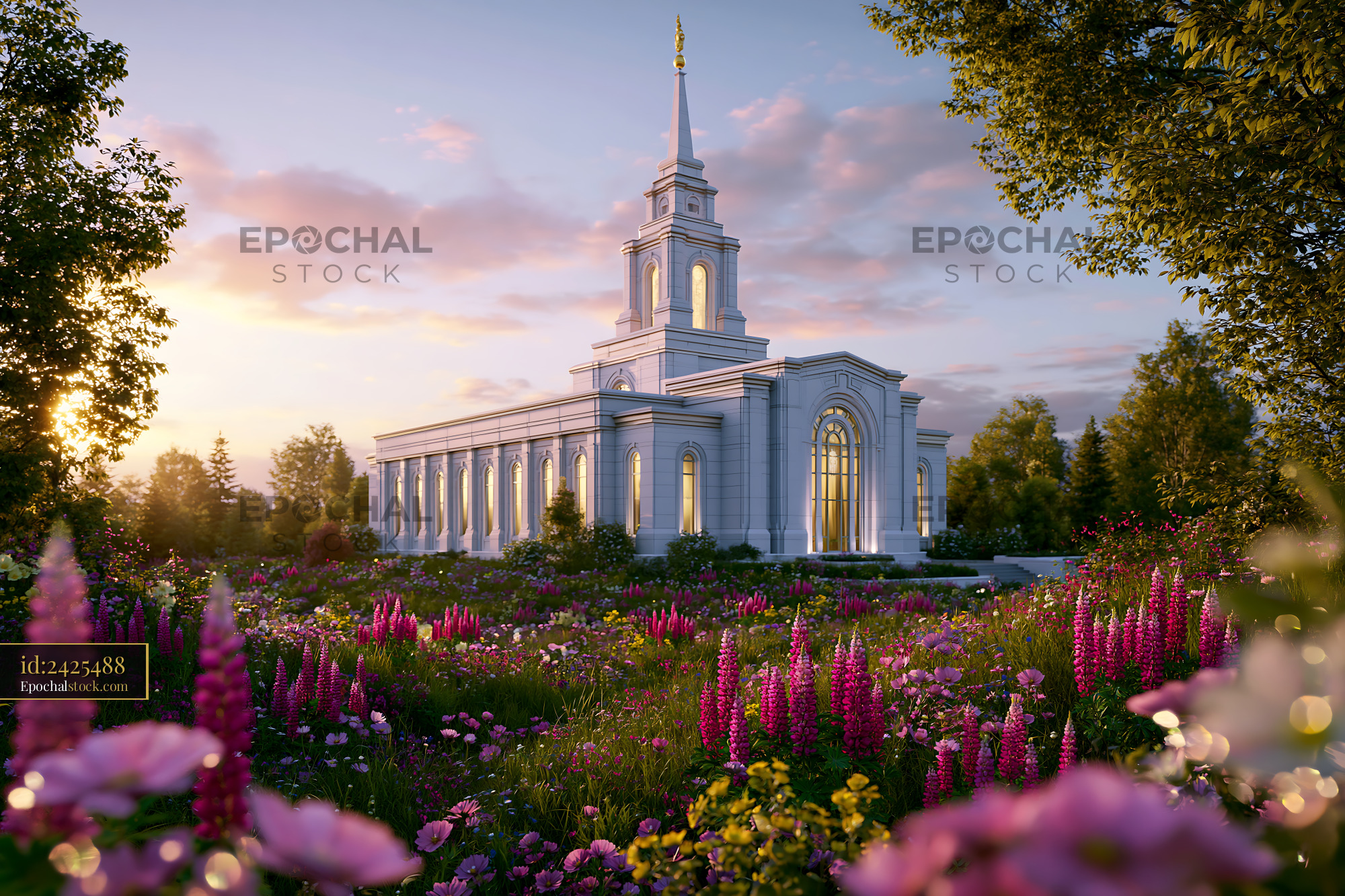 Watermarked full-resolution preview of Sunset view of temple surrounded by flowers and trees
