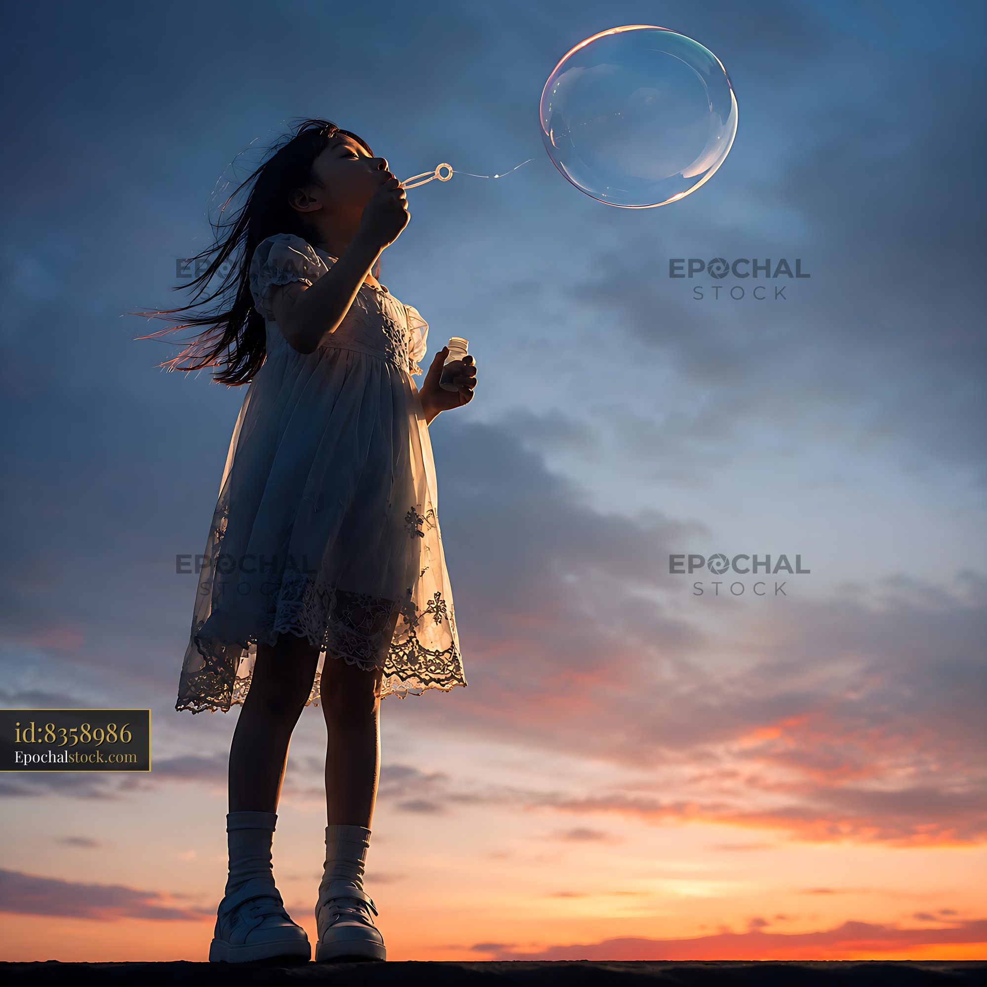 Watermarked full-resolution preview of Child blowing bubbles at sunset