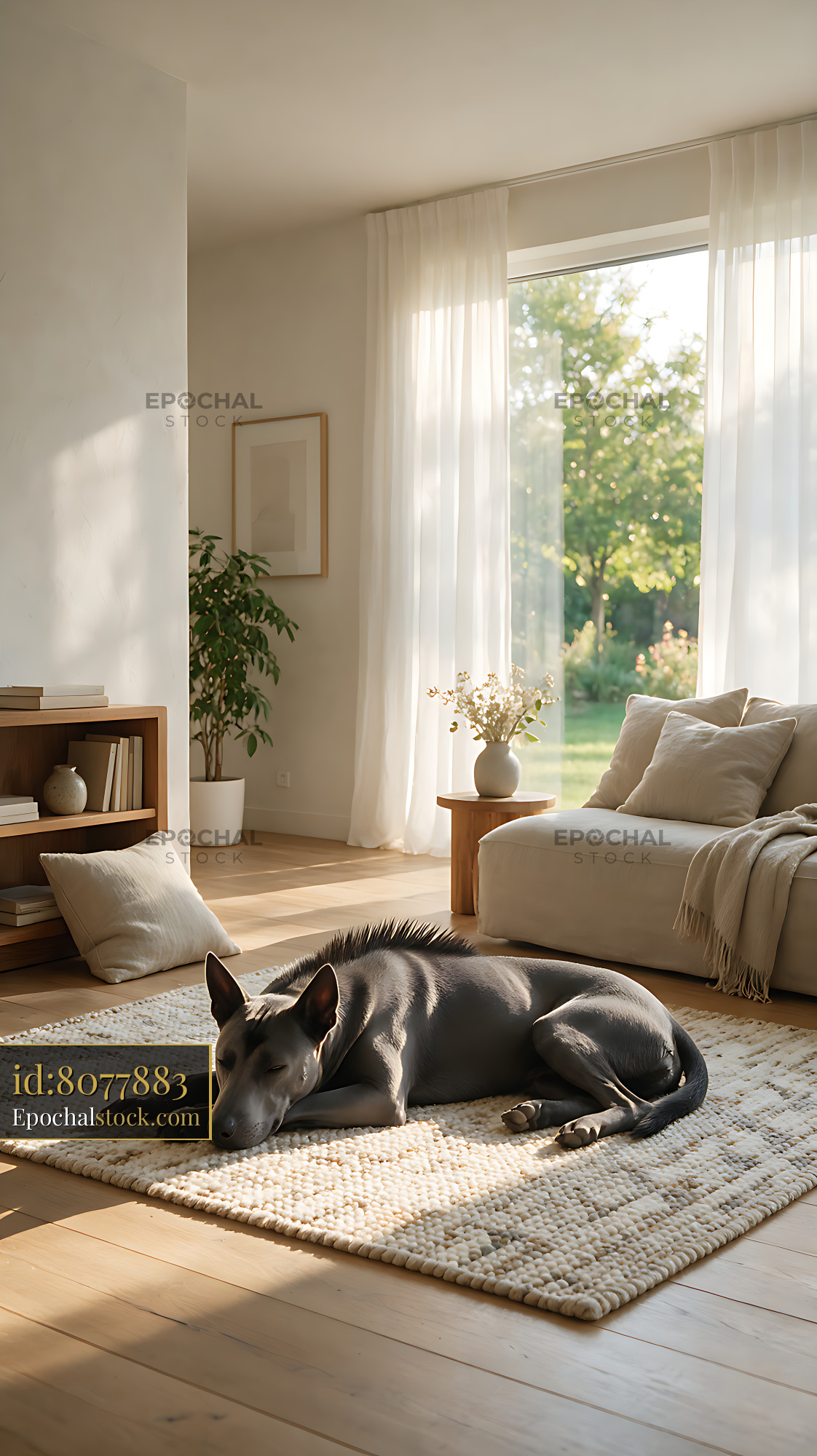 Watermarked full-resolution preview of Relaxed black dog resting in a bright home interior
