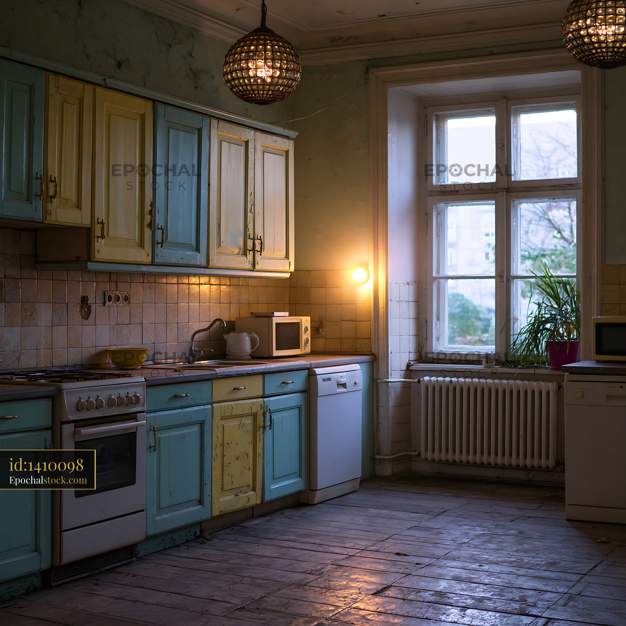 Watermarked full-resolution preview of Old kitchen with blue and yellow cabinets in muted lighting