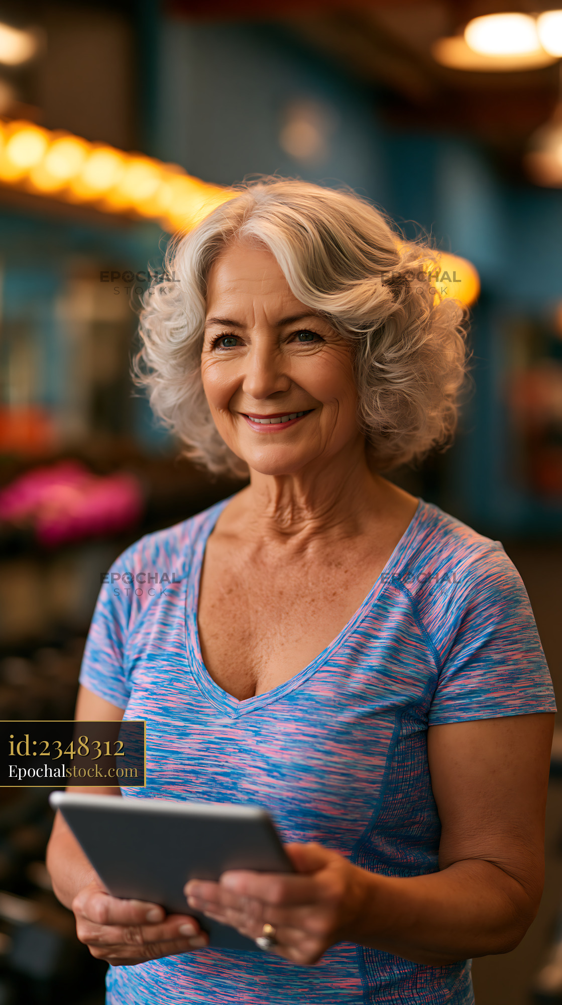 Grandmother Training With a Tablet in a Gym Setting — stock example for home hero and product mood
