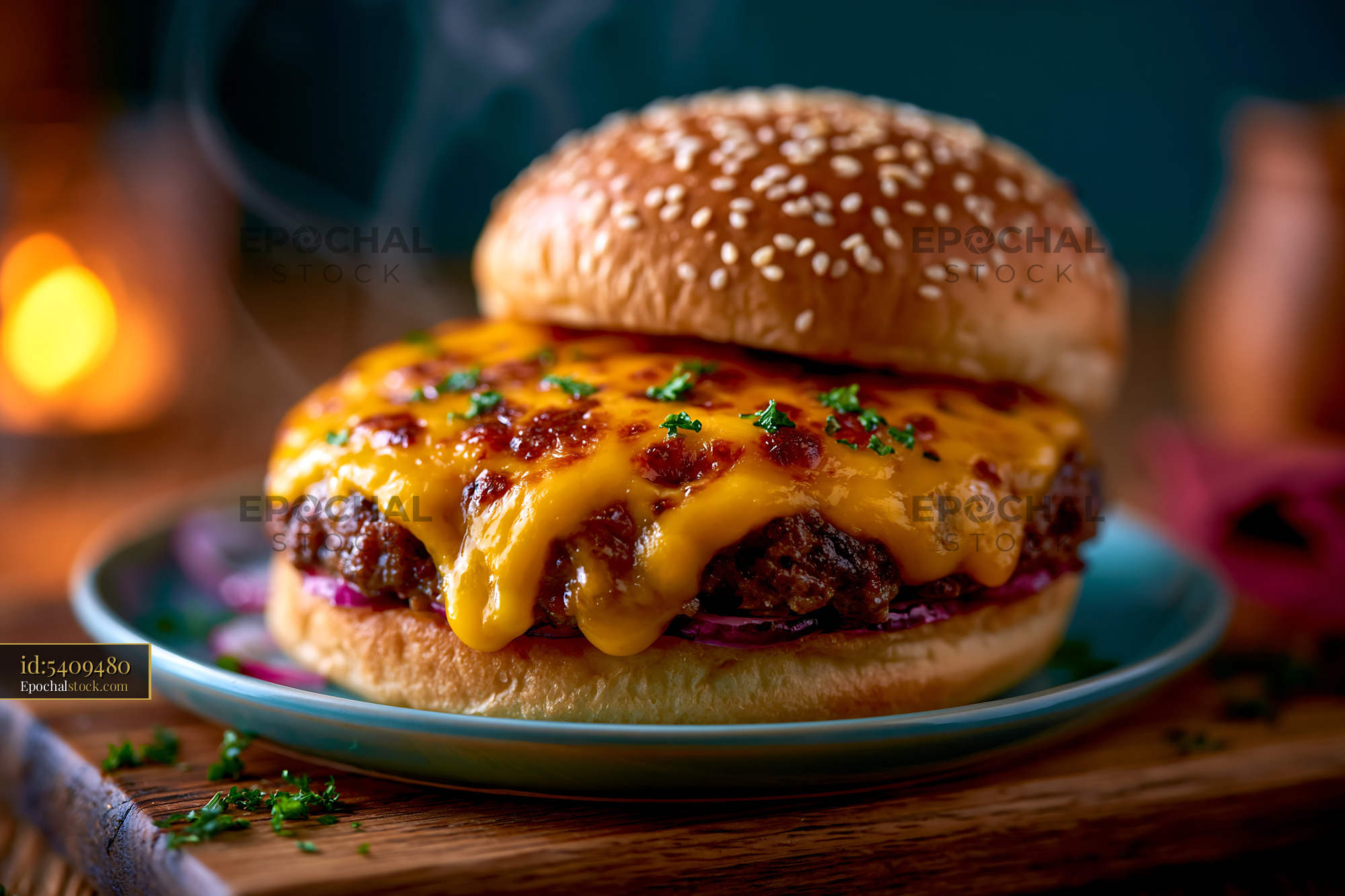Juicy cheeseburger with sesame bun and melted cheese