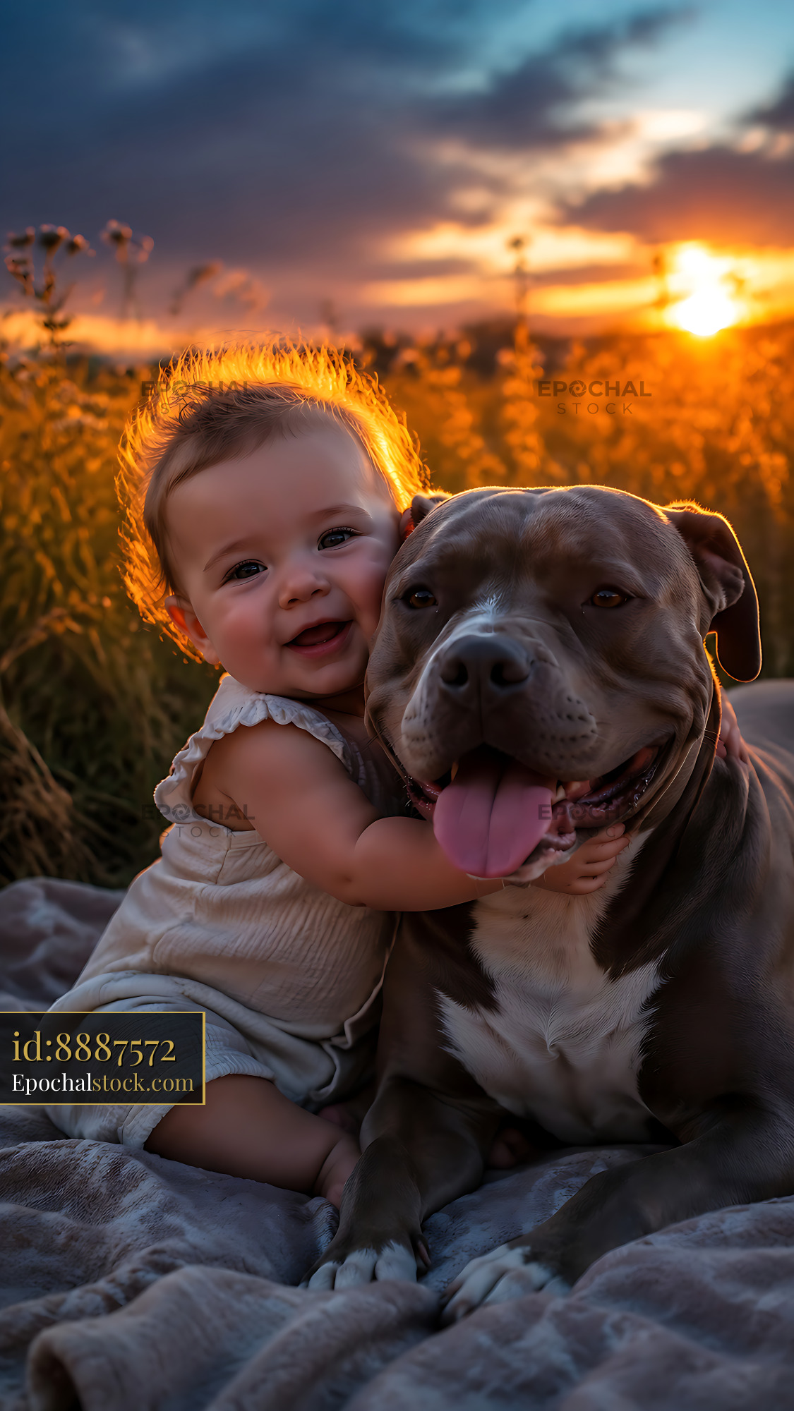 Watermarked full-resolution preview of Child hugs dog during sunset in grassy field