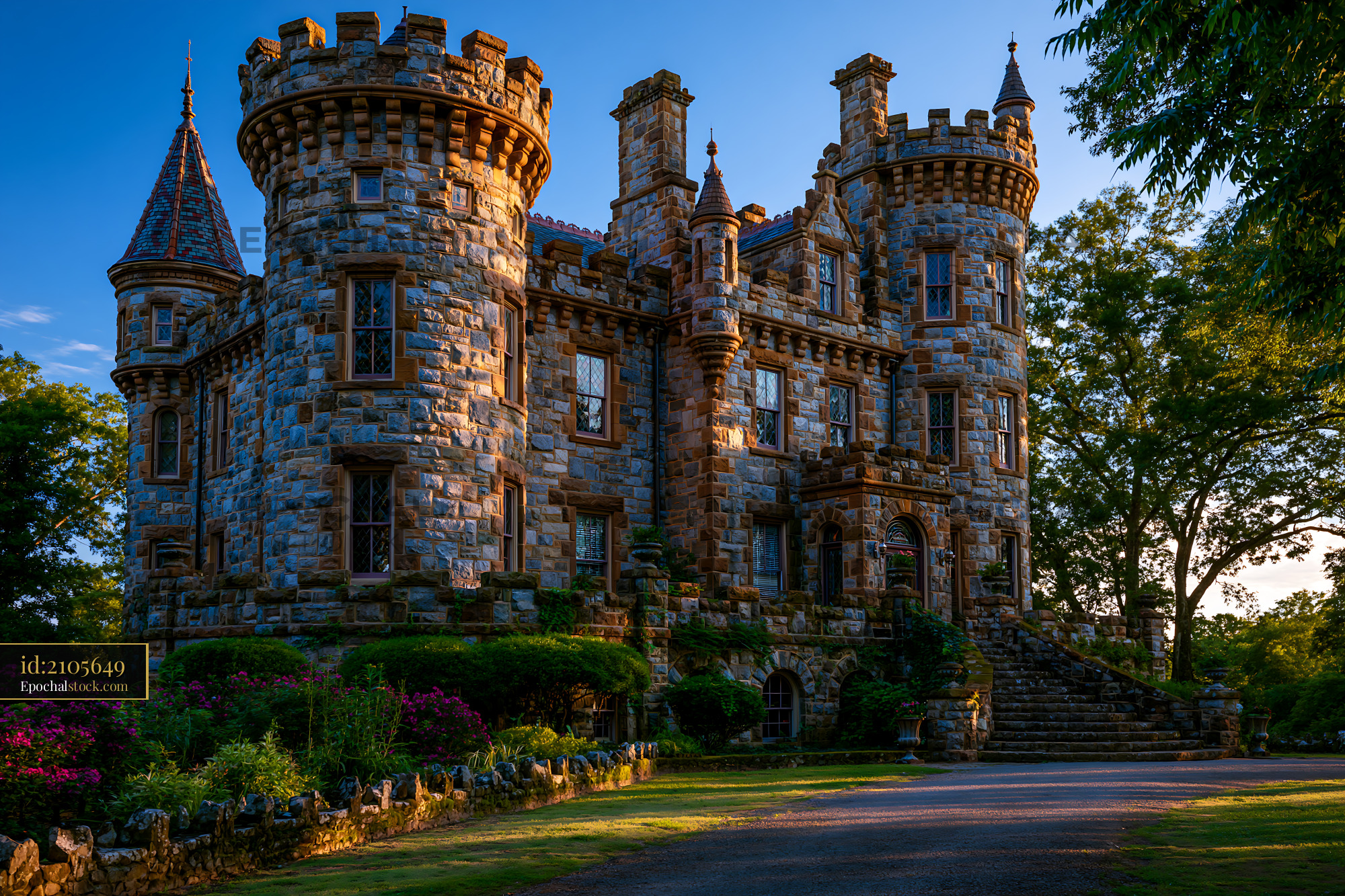 Watermarked full-resolution preview of Historic stone castle stands in a green landscape during sunset