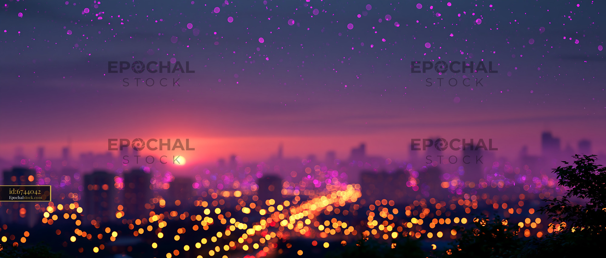 Watermarked full-resolution preview of City skyline at sunset with lights