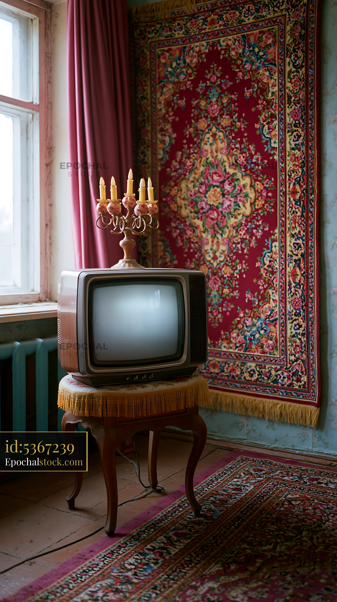 Watermarked full-resolution preview of Old television on a decorative stool in a vintage room