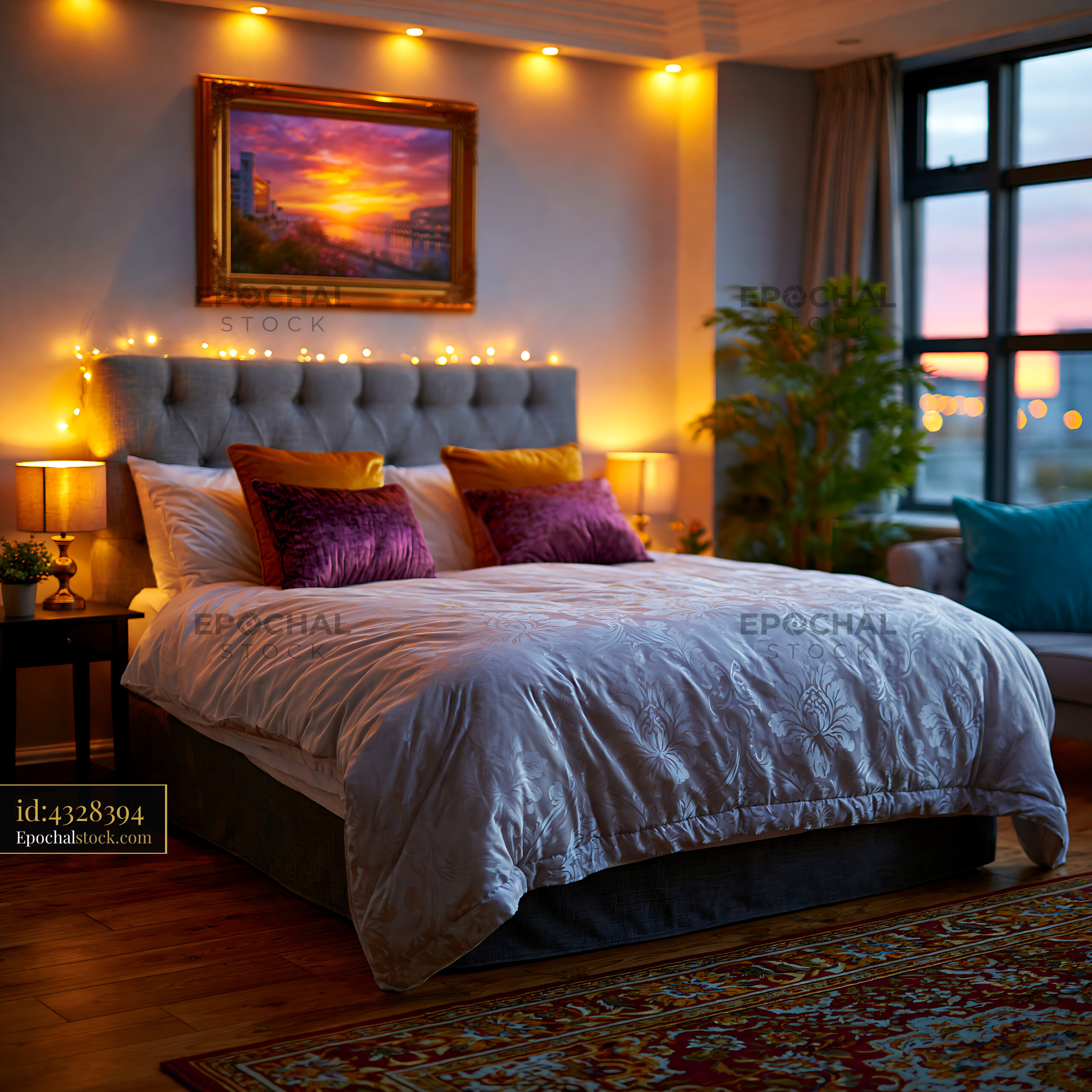 Watermarked full-resolution preview of Cozy bedroom setup with decorative lights and artwork
