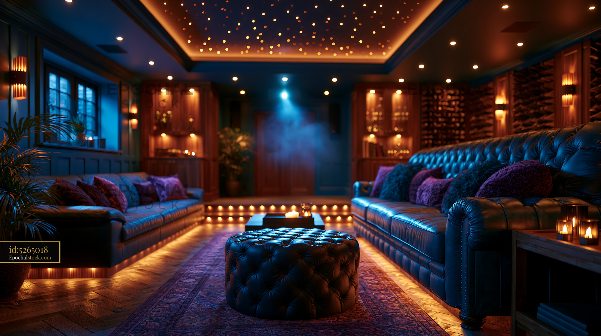 Watermarked full-resolution preview of Cozy lounge area with leather sofas and dim lighting