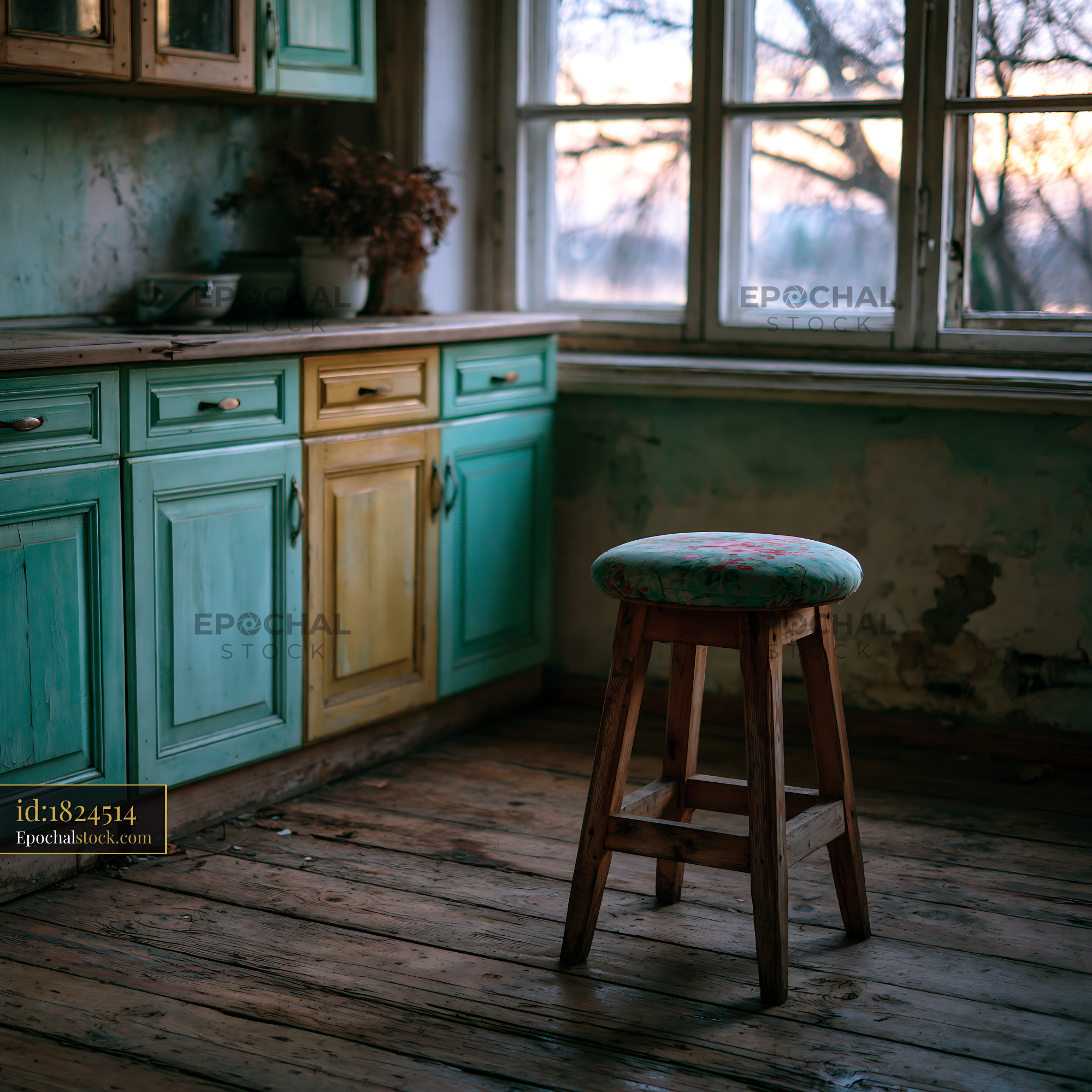 Watermarked full-resolution preview of Rustic kitchen with wooden stool and colorful cabinets