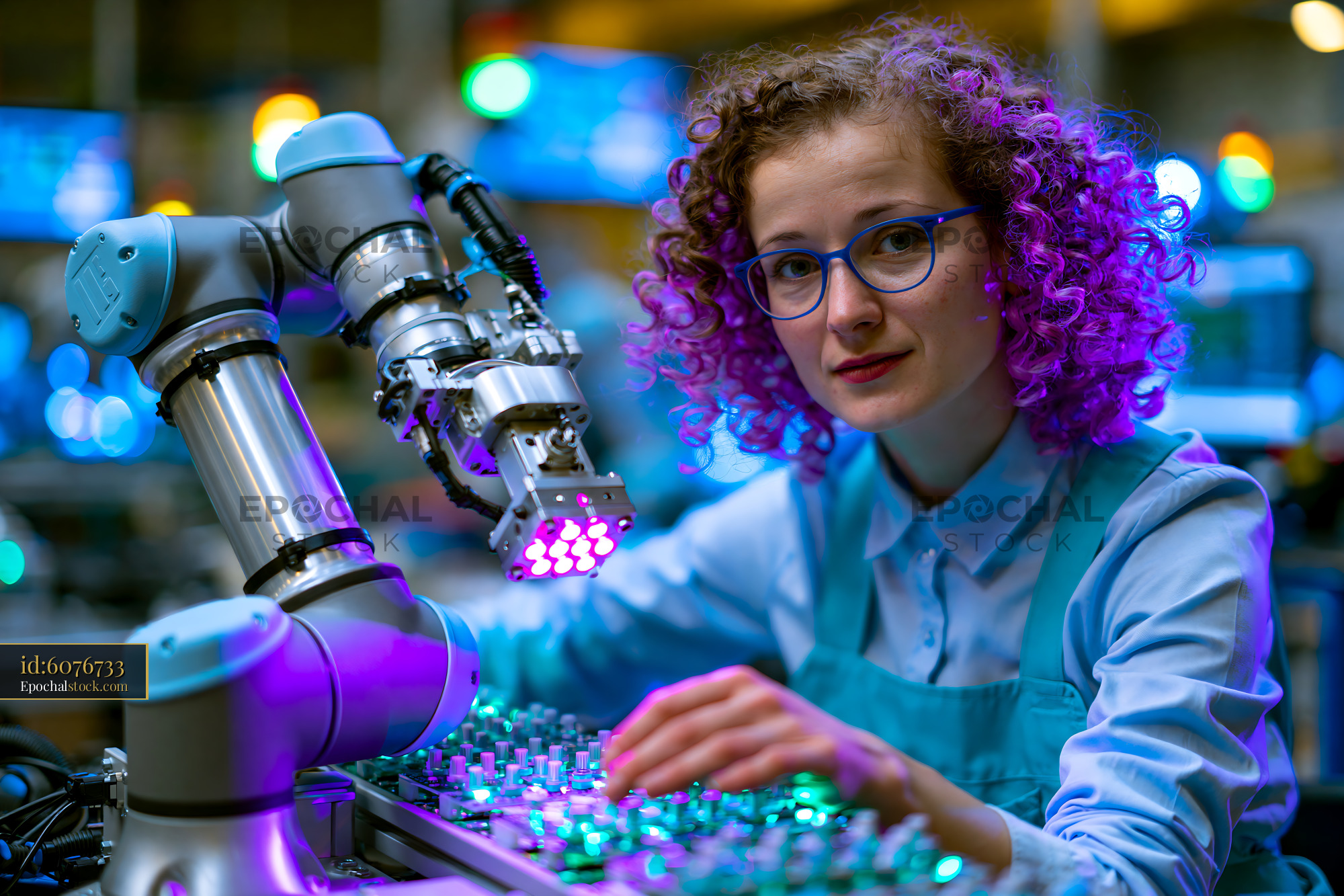 Watermarked full-resolution preview of Young woman works with robotic arm in modern workshop