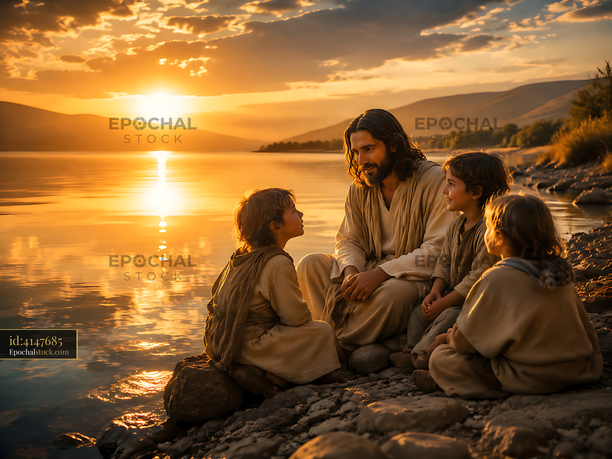 Watermarked full-resolution preview of Sunset gathering by the lake with three children and an adult