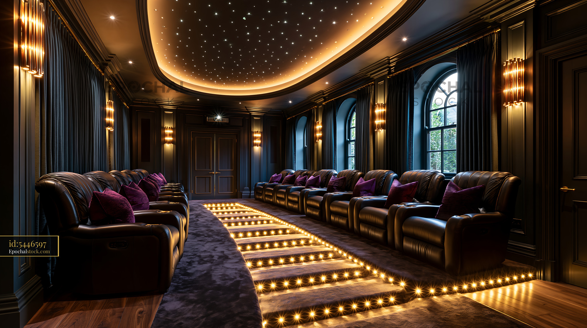 Watermarked full-resolution preview of Luxury home theater with comfortable seating and starry ceiling