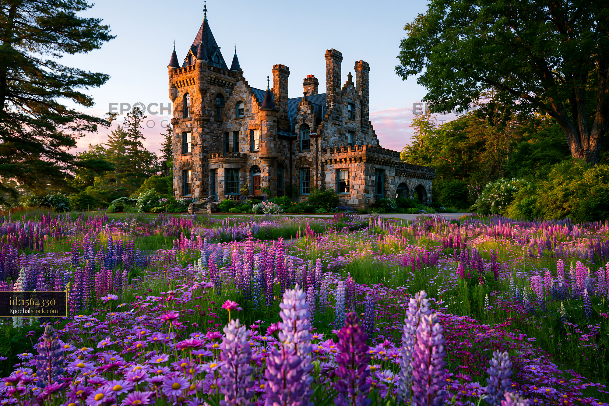 Historic Gothic Castle With Flower Field at Sunset in Norum - stock photo