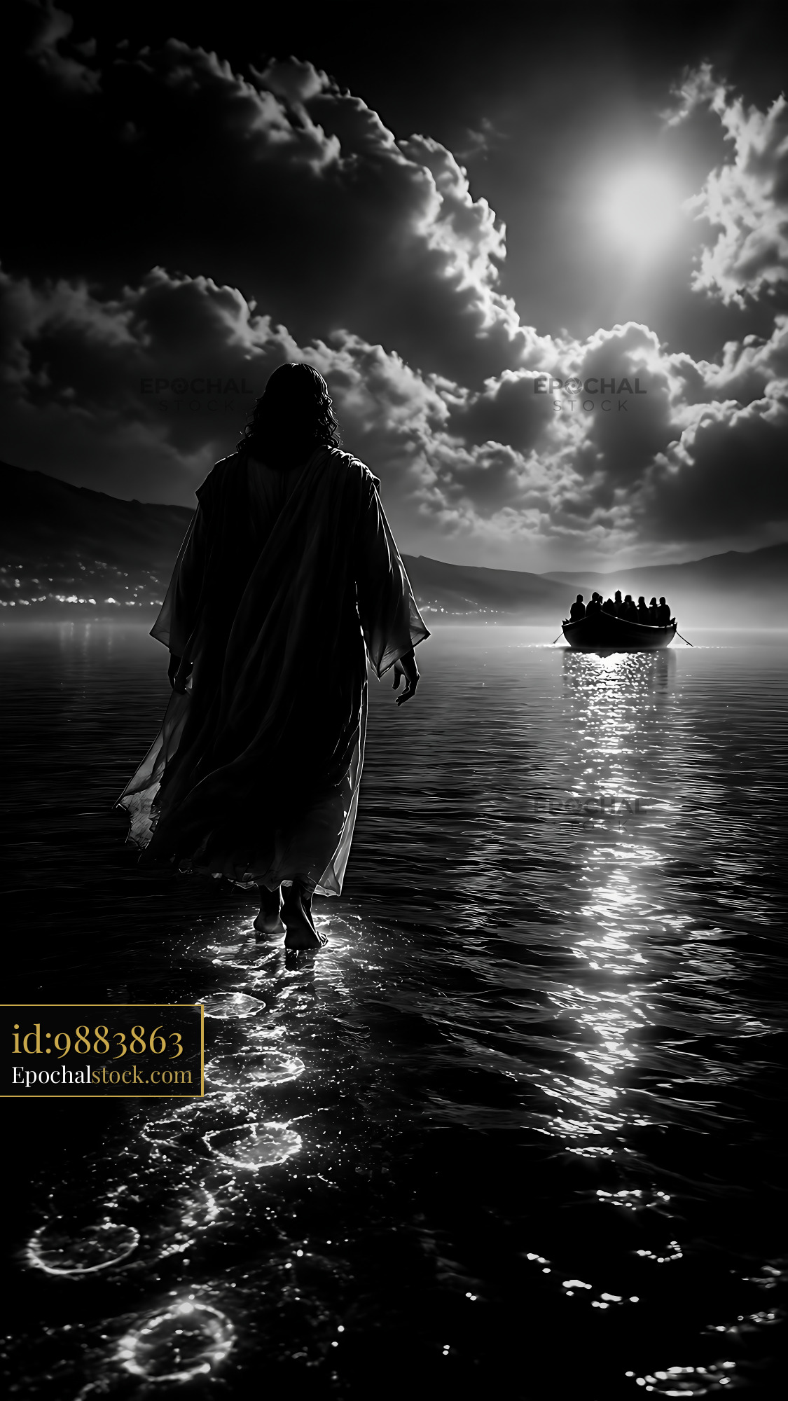 Watermarked full-resolution preview of Walking on water in a serene landscape at night