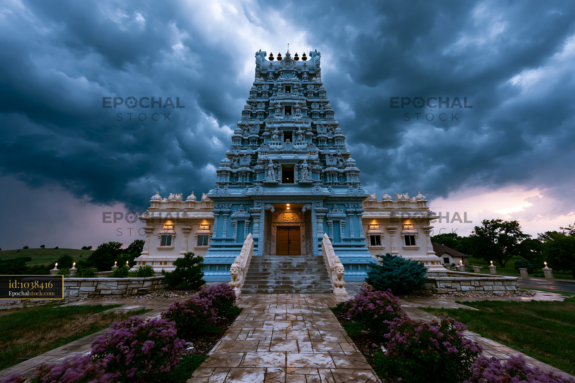Watermarked full-resolution preview of Storm clouds surround a Hindu temple at dusk