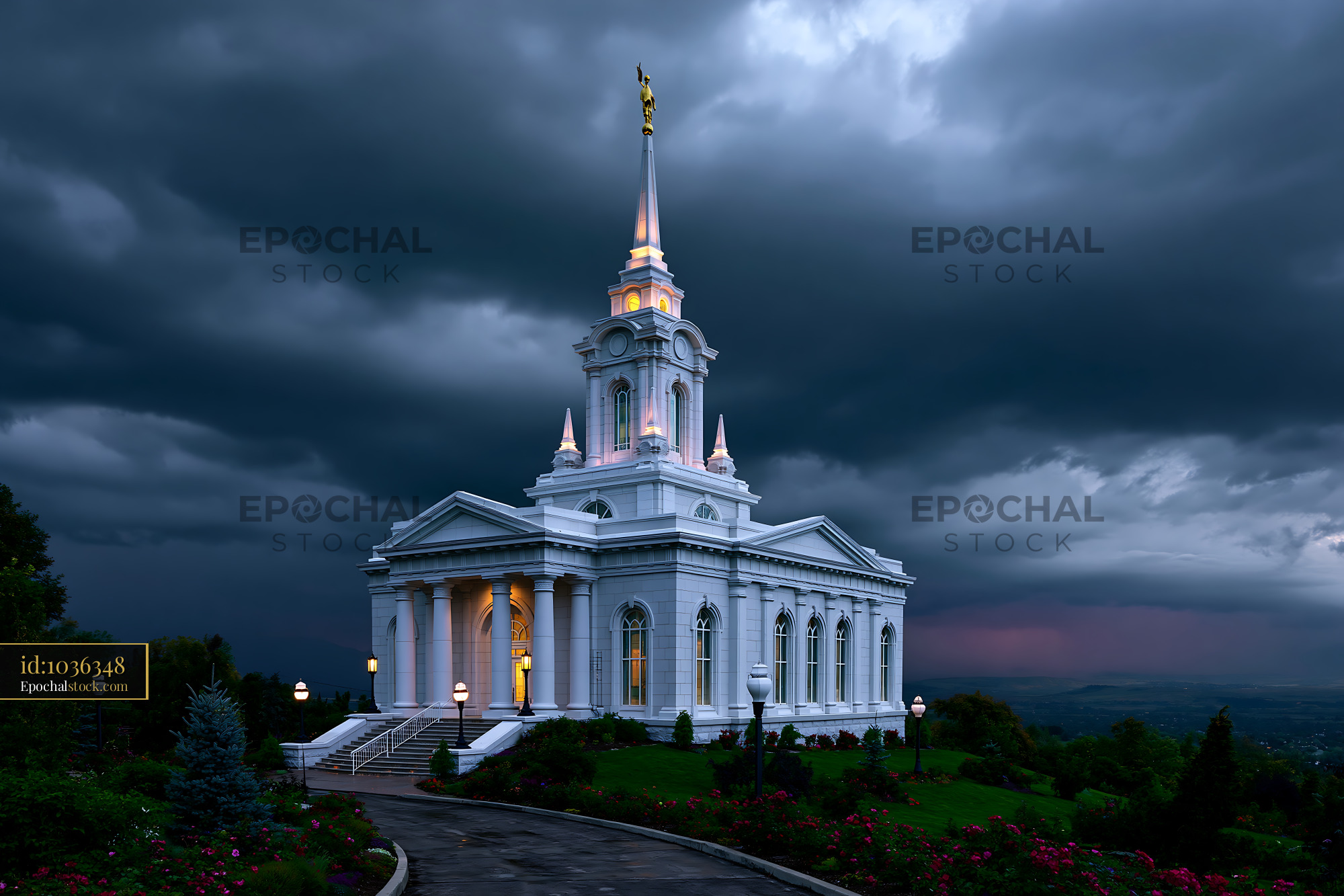 Watermarked full-resolution preview of Church stands against a stormy sky at dusk