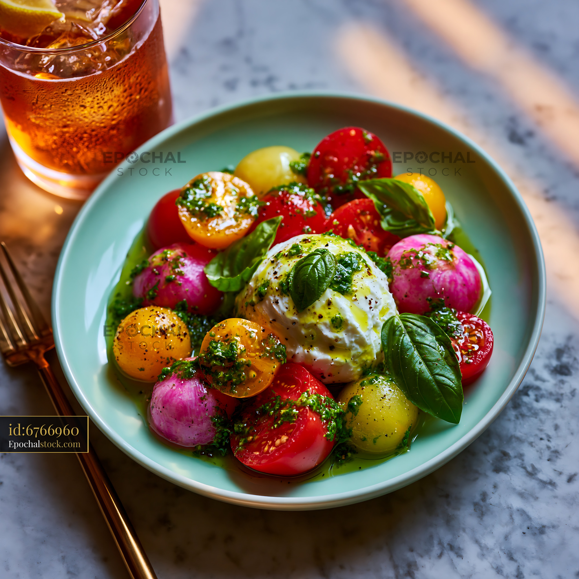 Watermarked full-resolution preview of Fresh salad with tomatoes and cheese on a plate