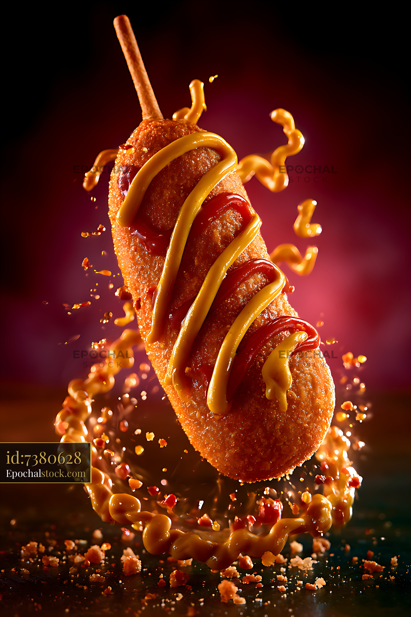 Breaded corn dog with ketchup and mustard in midair