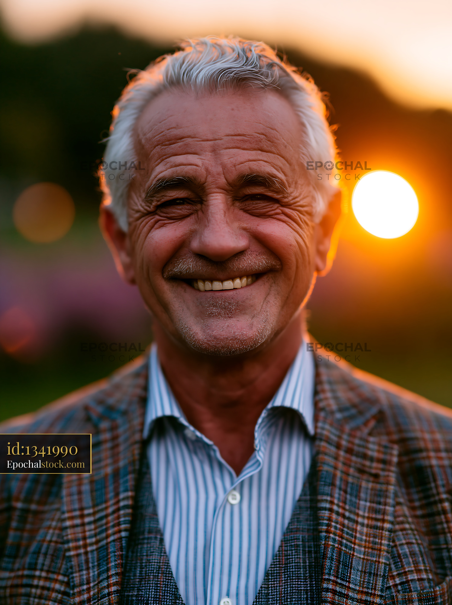 Watermarked full-resolution preview of Older man smiles during sunset in a park