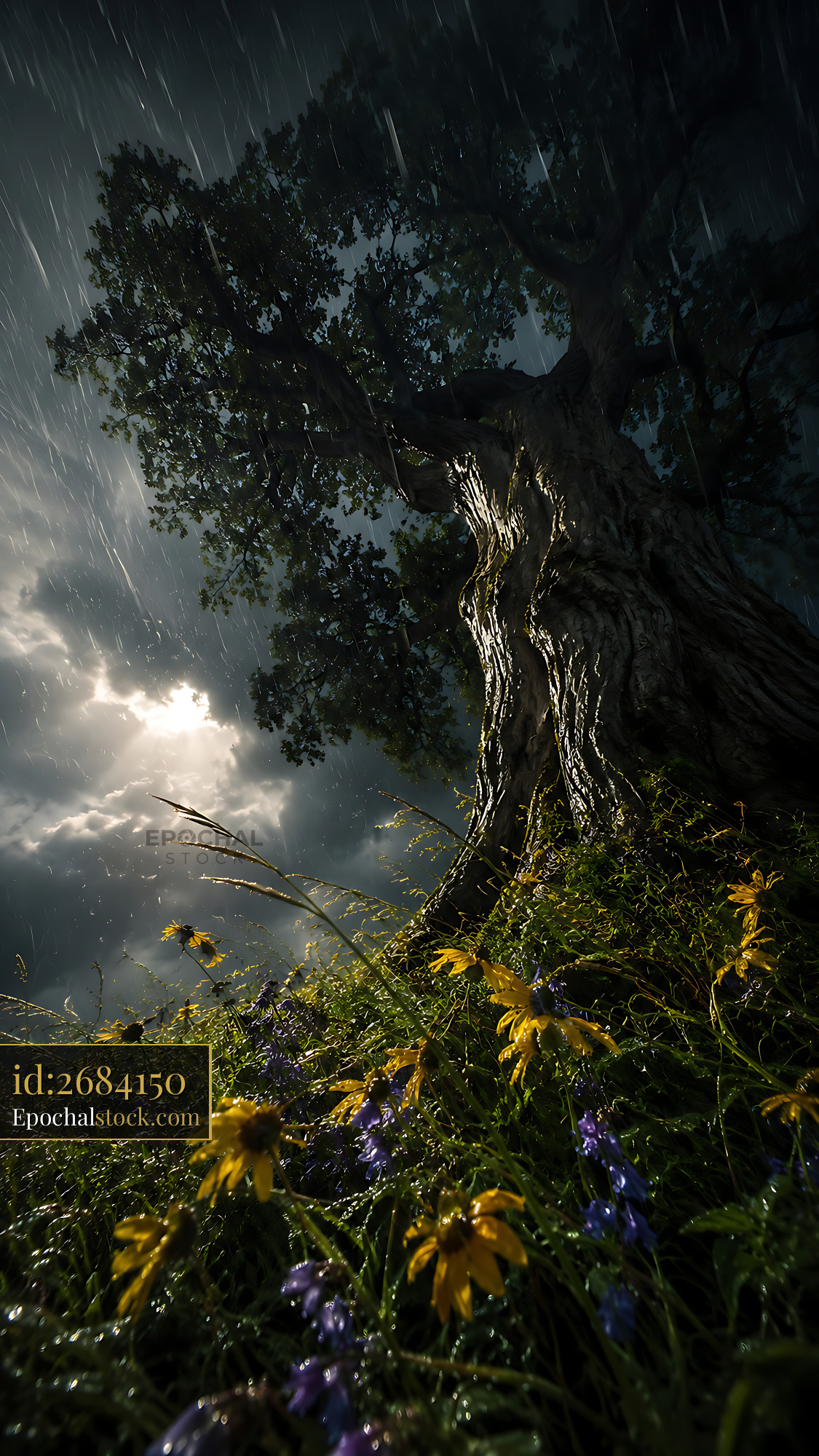 Watermarked full-resolution preview of Rain falls on a tree with flowers in a dark landscape