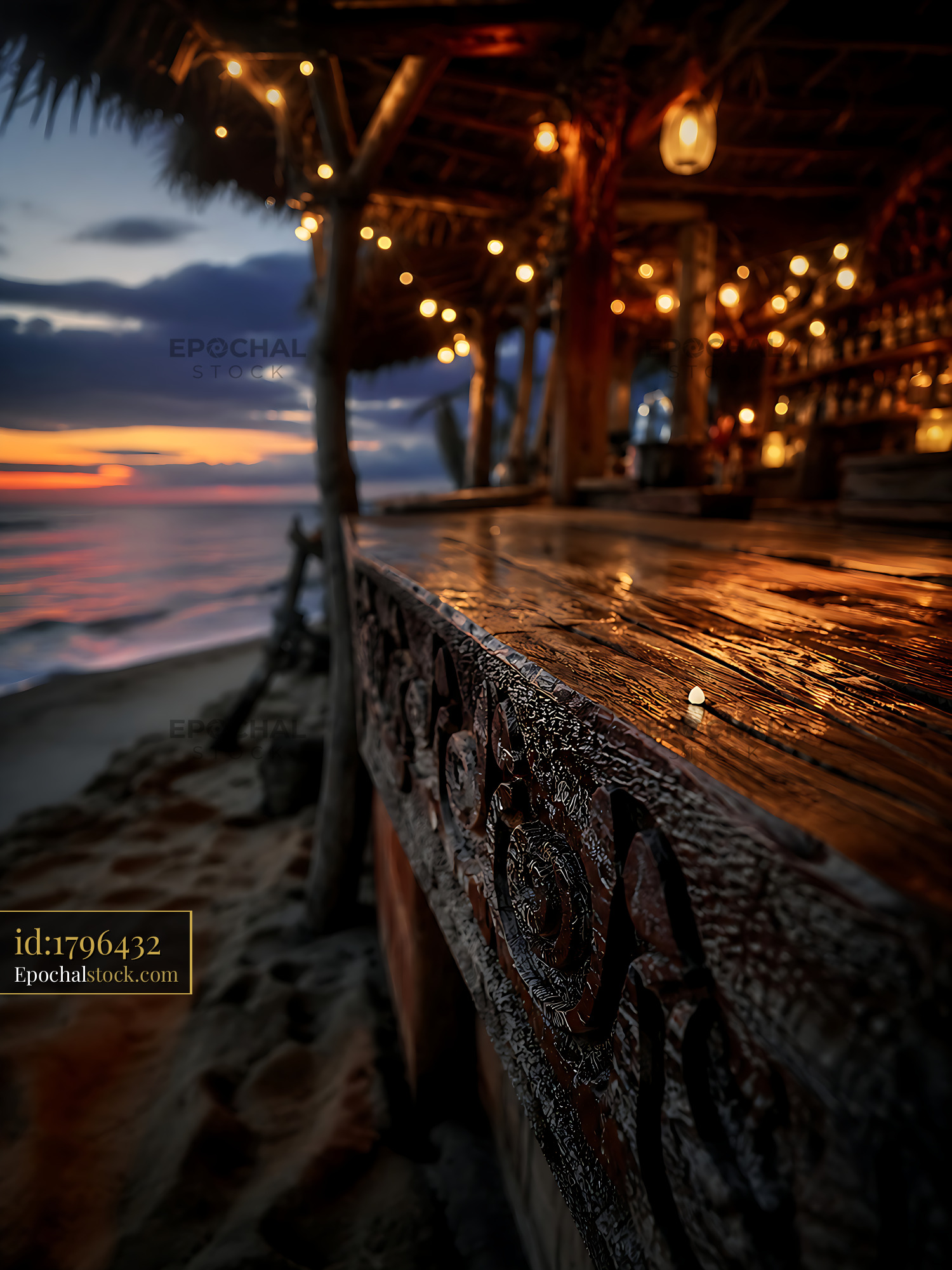 Watermarked full-resolution preview of Sunset glow at beach bar with string lights and wooden decor