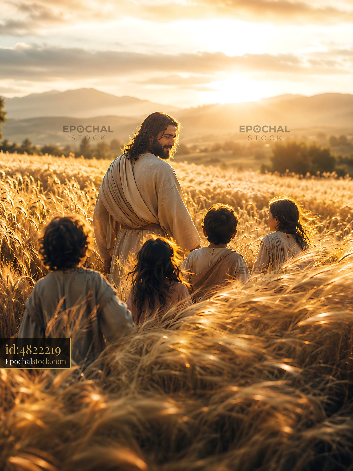 Watermarked full-resolution preview of Jesus walking with children in a golden wheat field at sunset