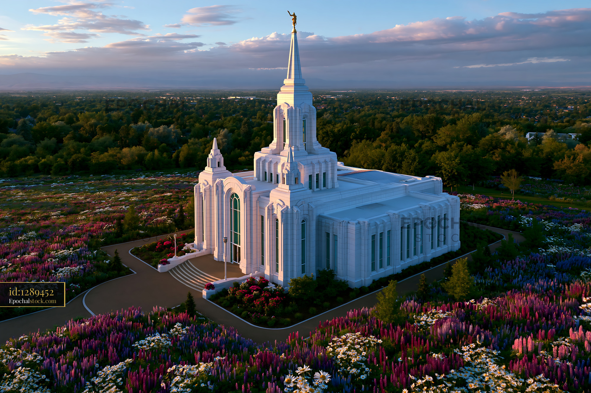 Watermarked full-resolution preview of Beautiful temple surrounded by colorful flowers in daylight