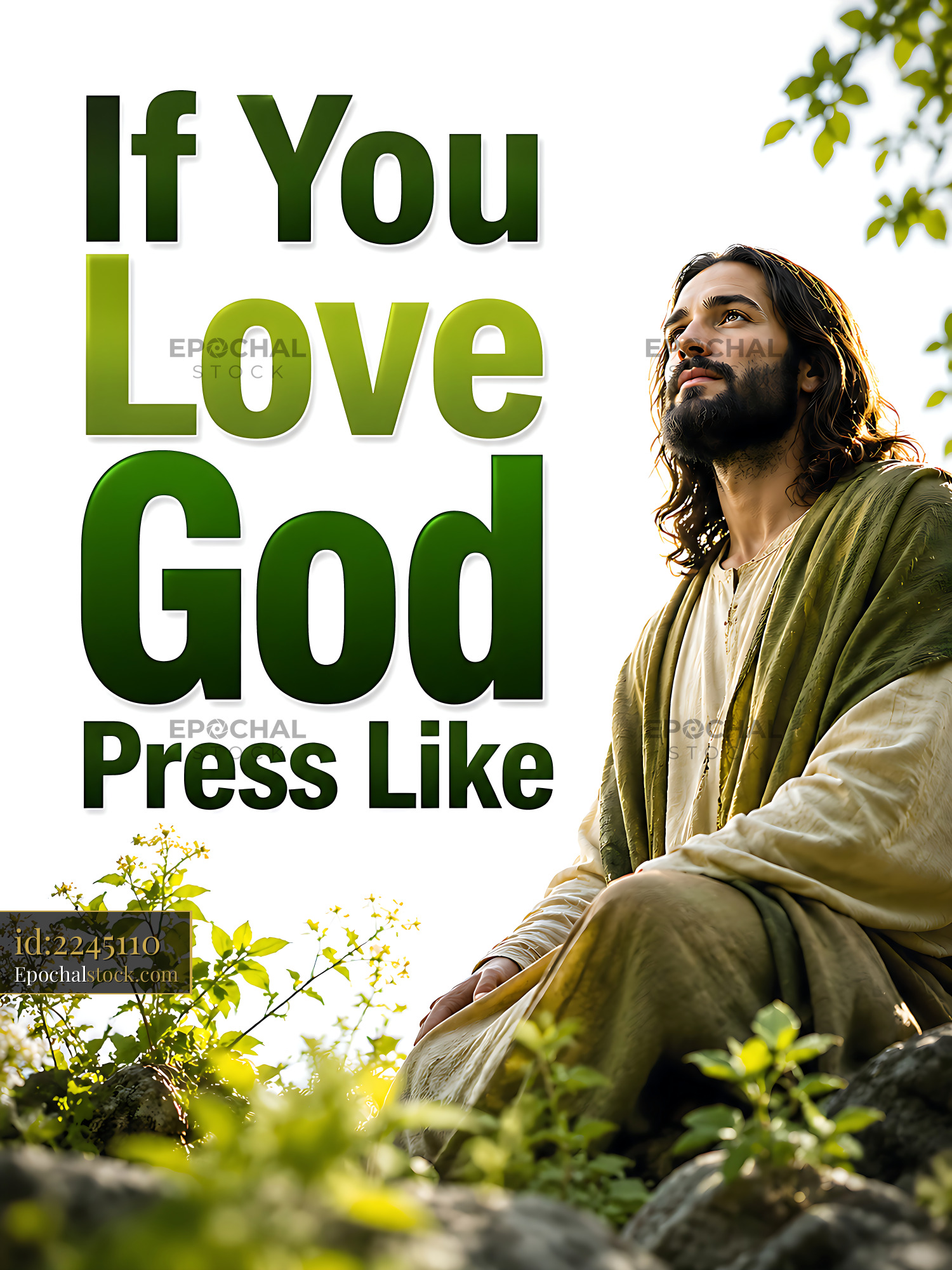 Watermarked full-resolution preview of Jesus sitting among greenery with a message on love for God