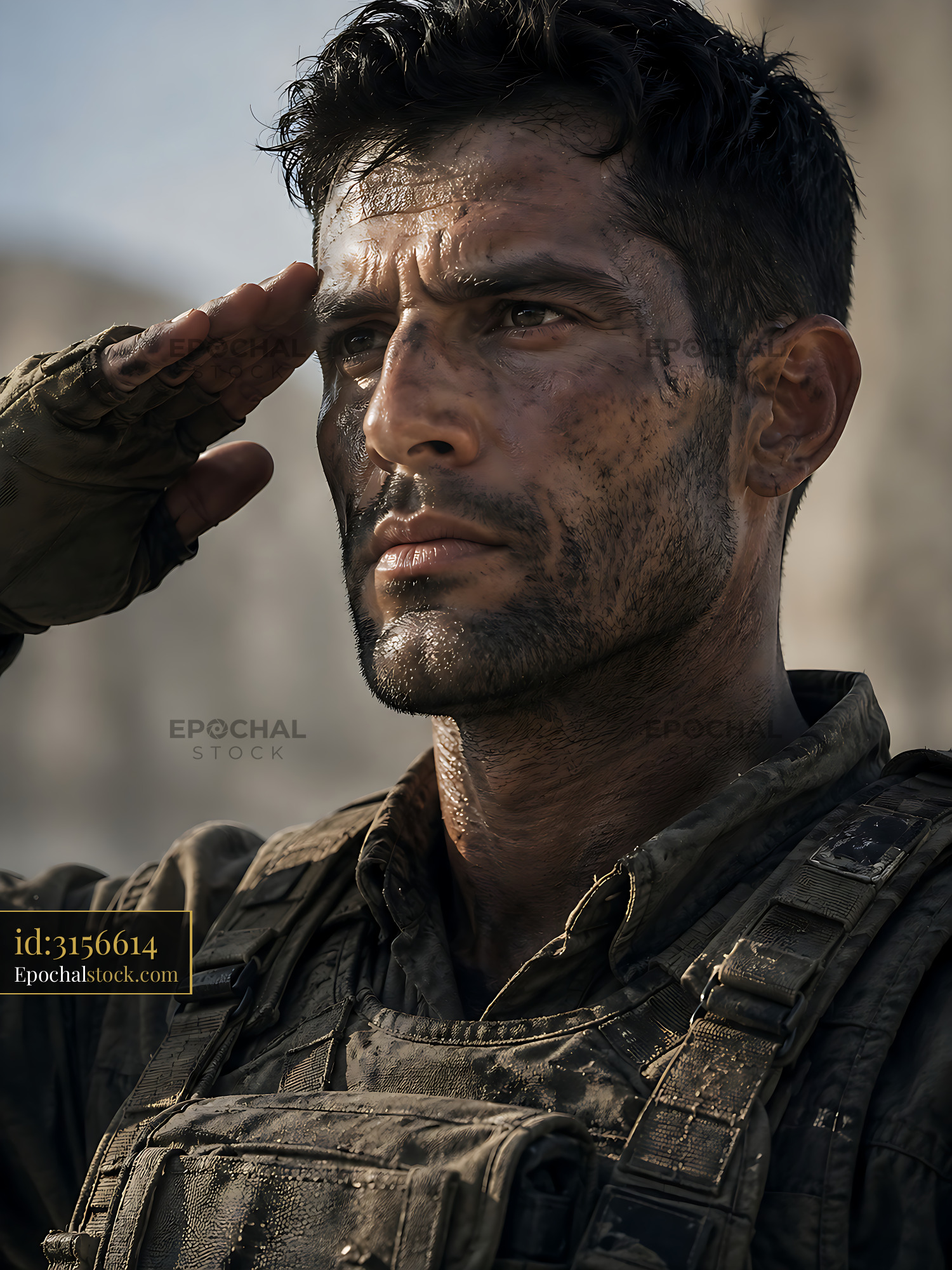Watermarked full-resolution preview of Soldier saluting in military uniform with a serious expression