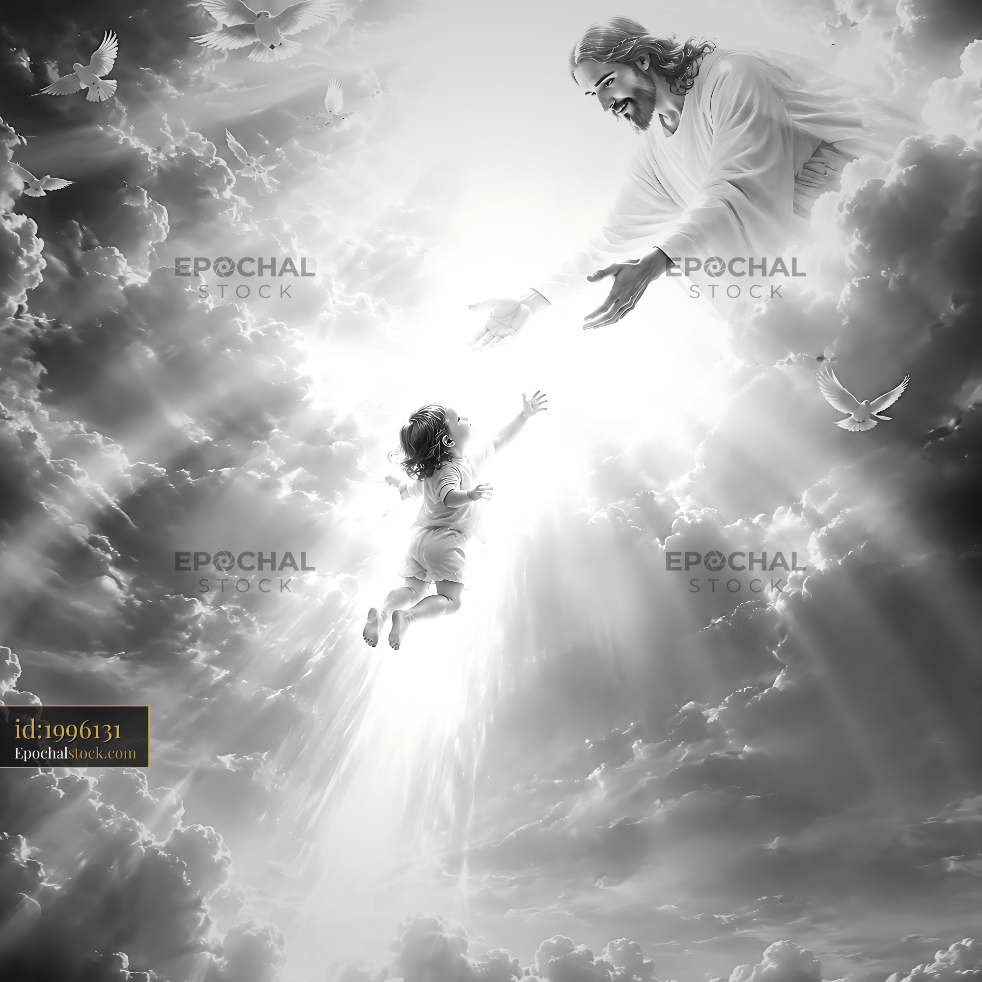 Watermarked full-resolution preview of Child reaching toward a figure in the clouds