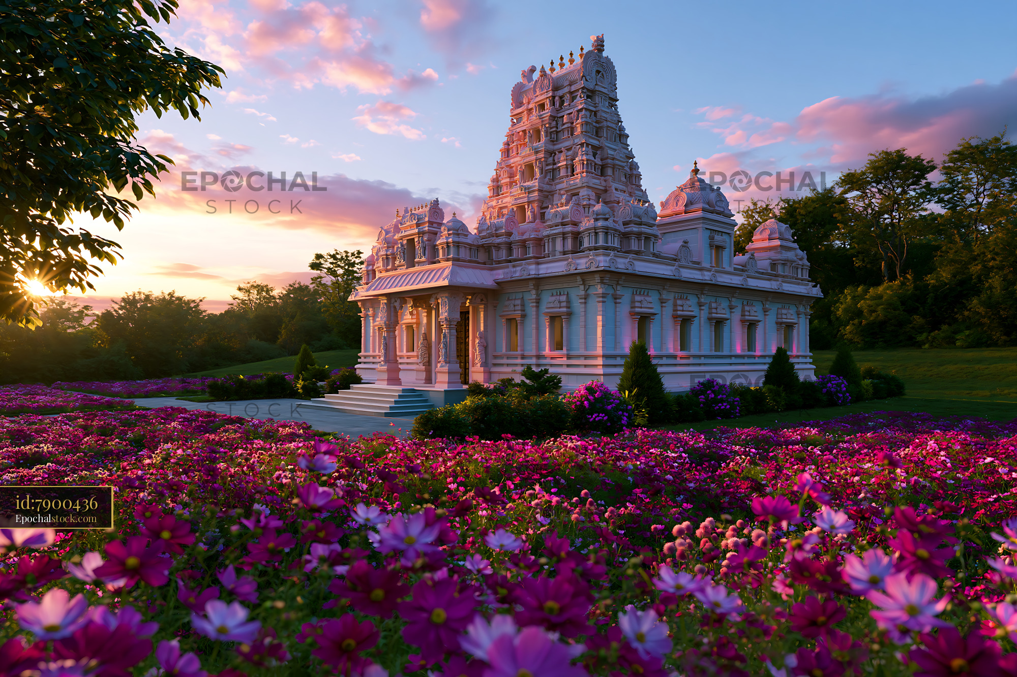 Watermarked full-resolution preview of Sunset view of a temple surrounded by flowers in a garden