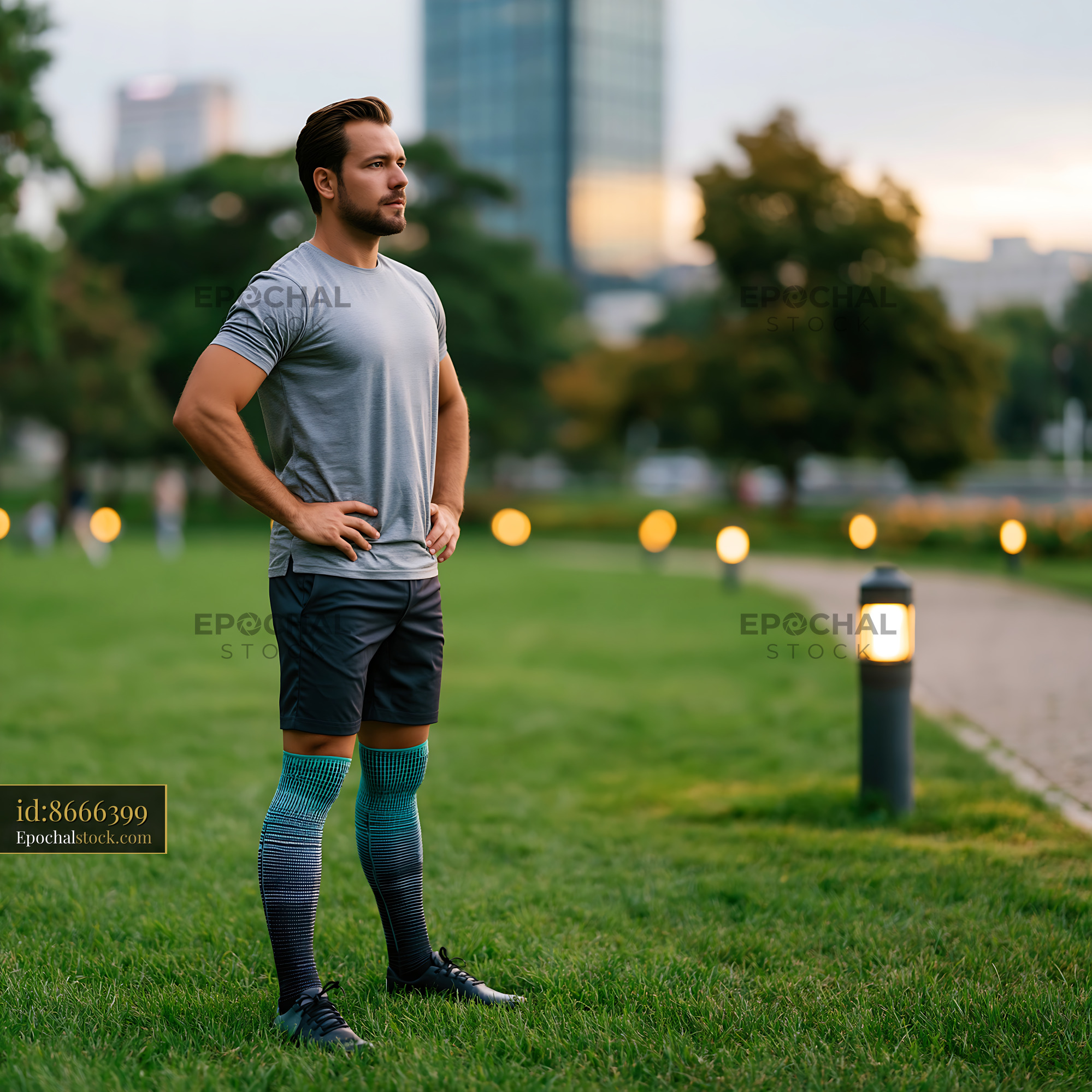Watermarked full-resolution preview of Man standing in park during early morning or late afternoon