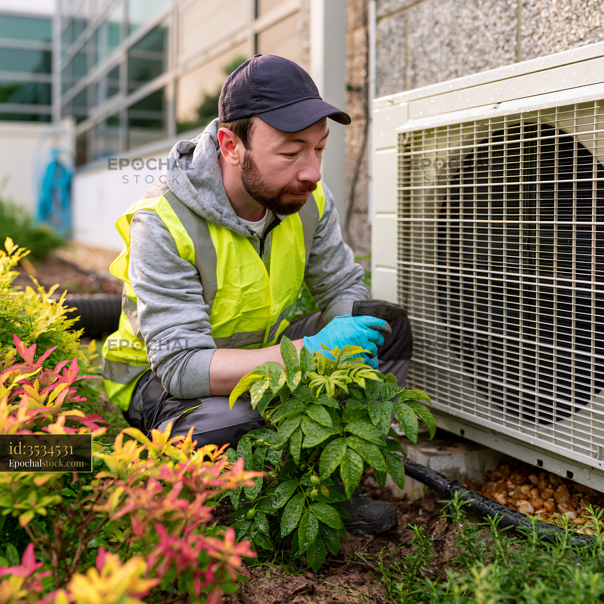 Watermarked full-resolution preview of Worker performs maintenance on outdoor air conditioning unit