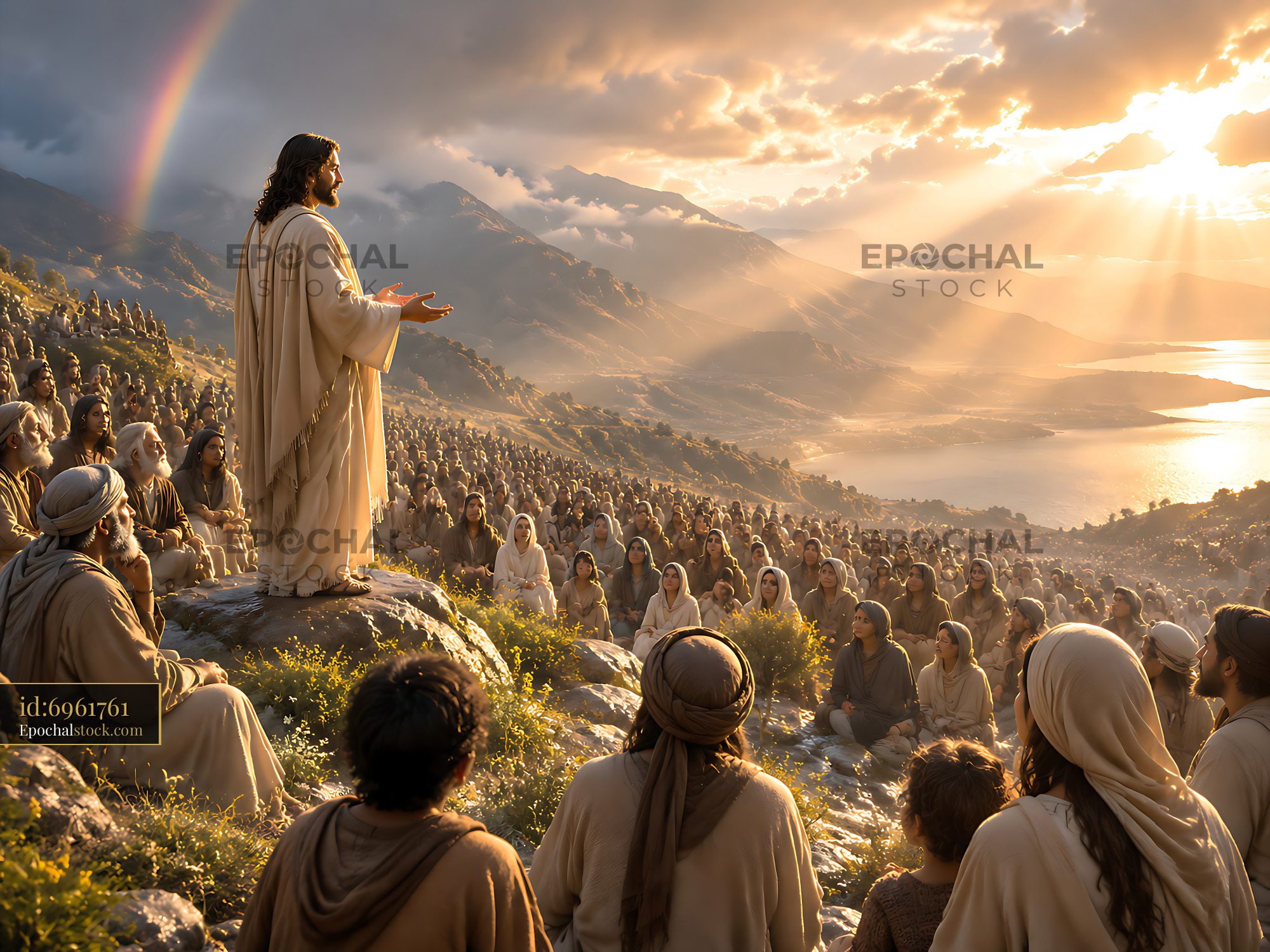 Jesus Speaking to a Large Crowd on a Hill During Sunset - stock photo