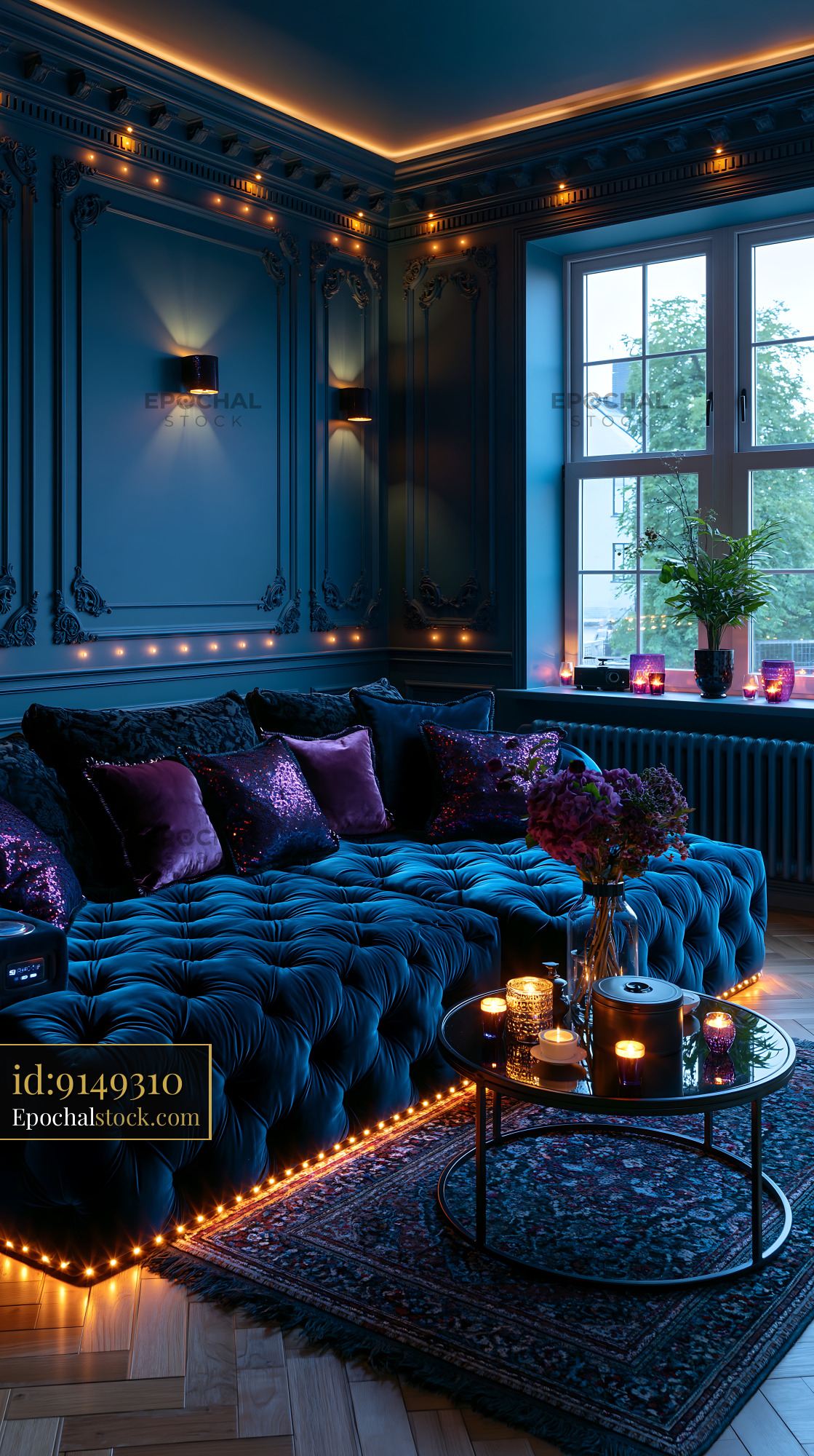 Watermarked full-resolution preview of Cozy blue living room with decorative lights and plants