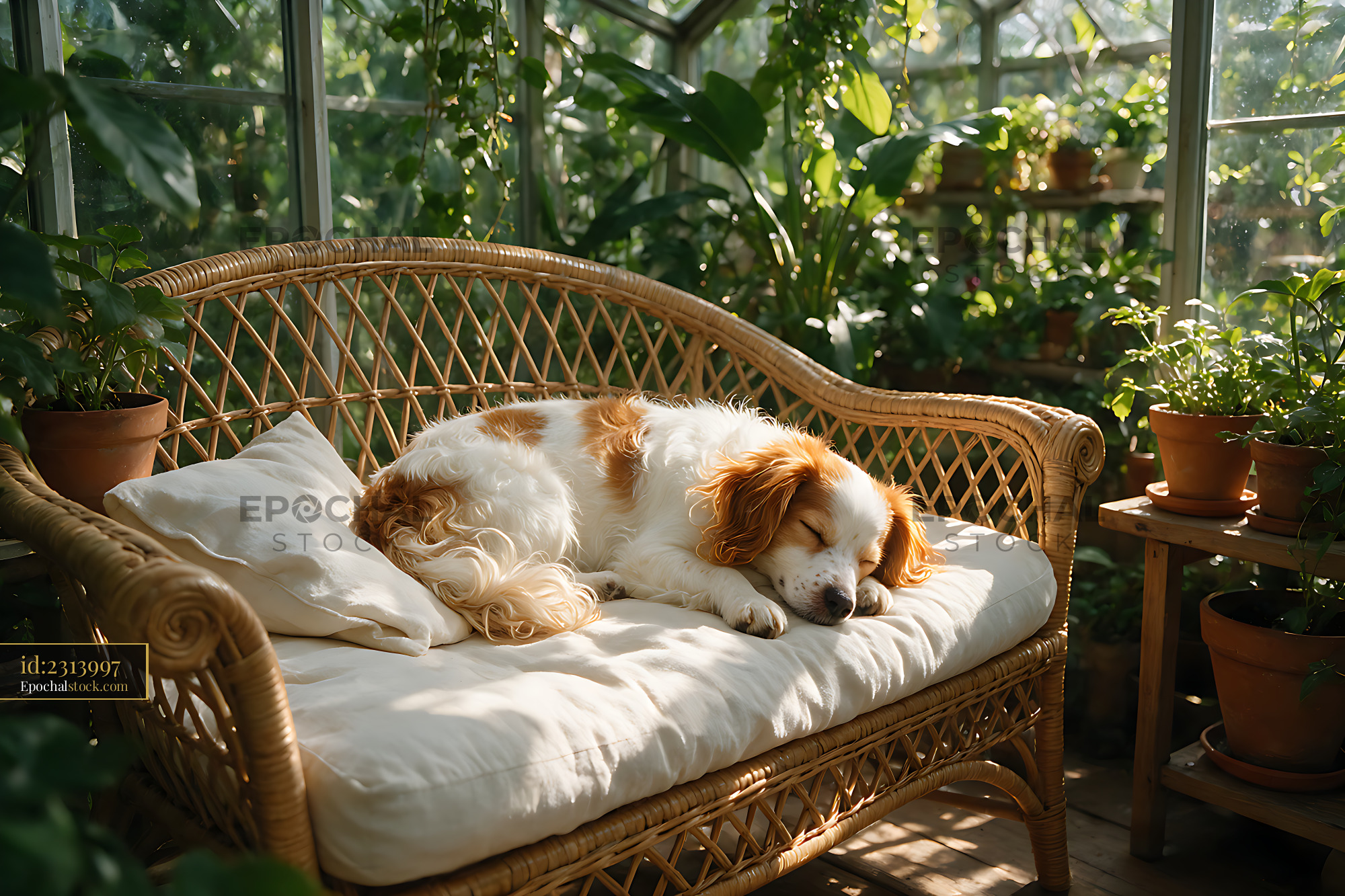 Watermarked full-resolution preview of Puppy sleeping on white bedding among indoor plants