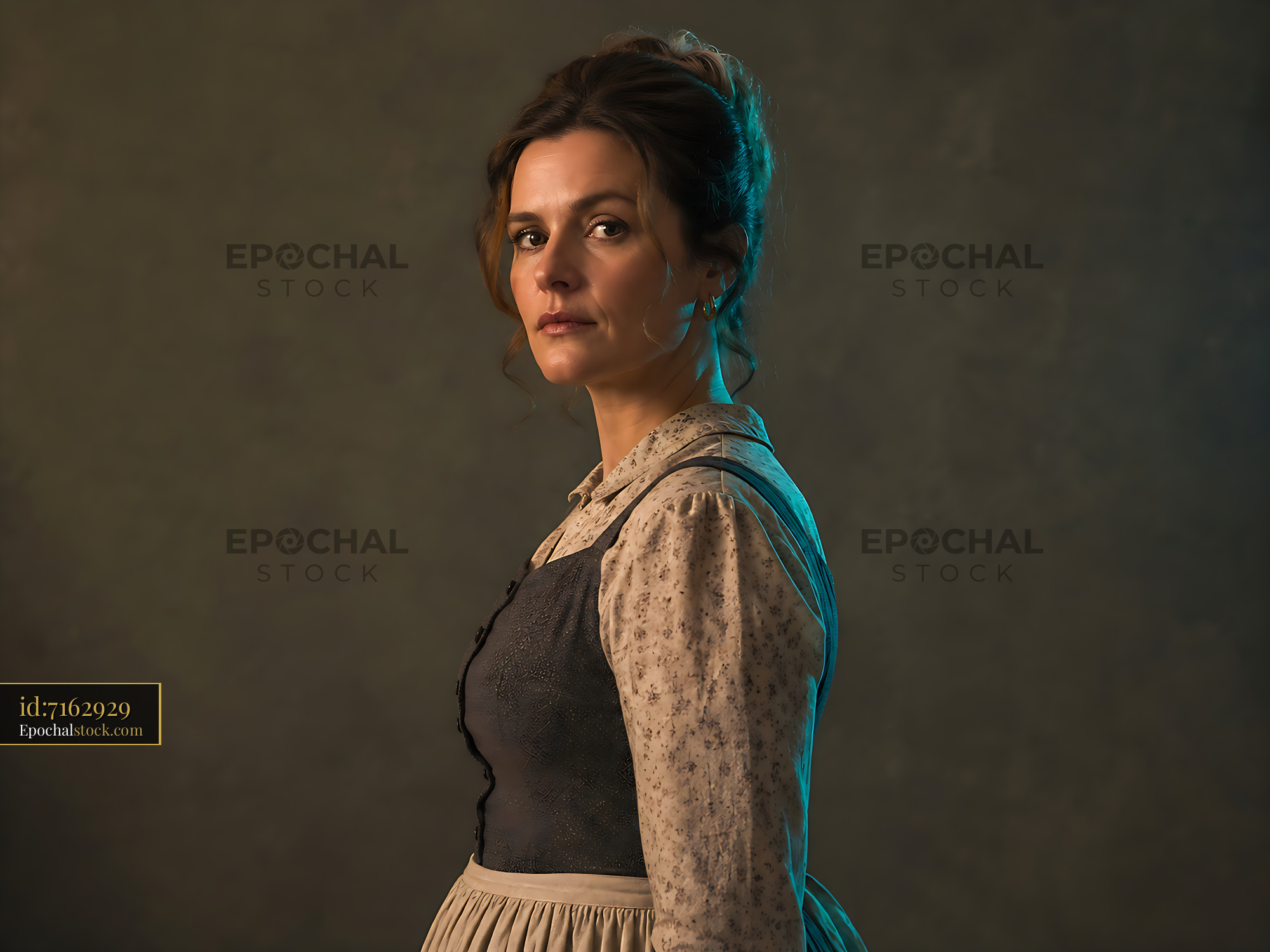 Woman in Vintage Dress Poses in Soft Light With a Serious Expression - stock photo