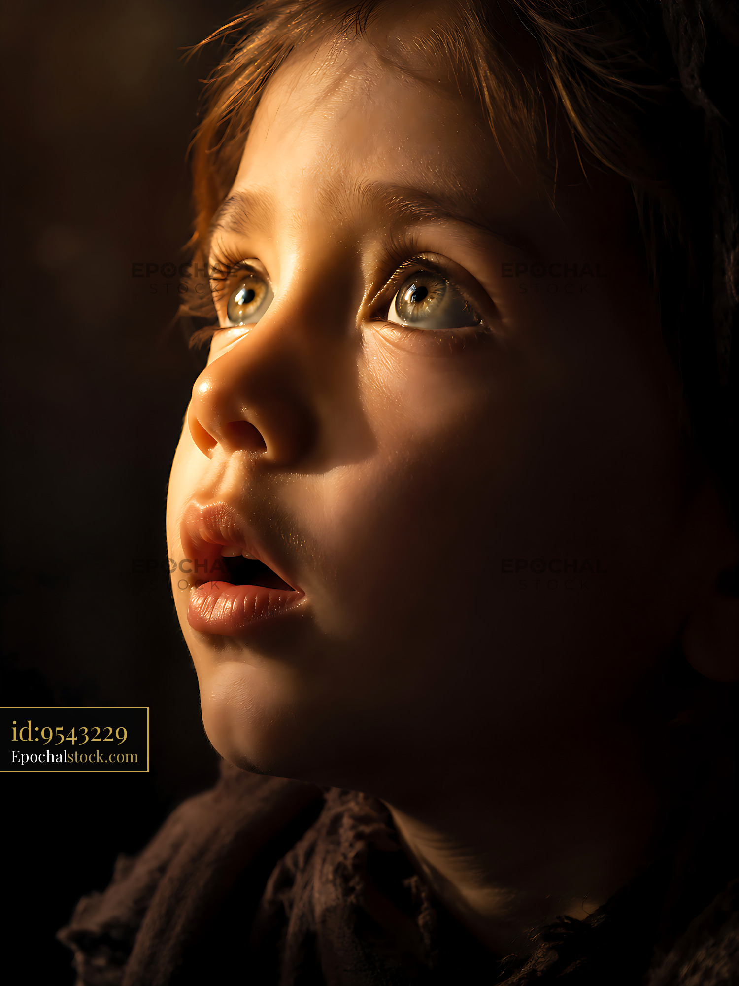 Watermarked full-resolution preview of Child gazing upward with wide eyes in dim light
