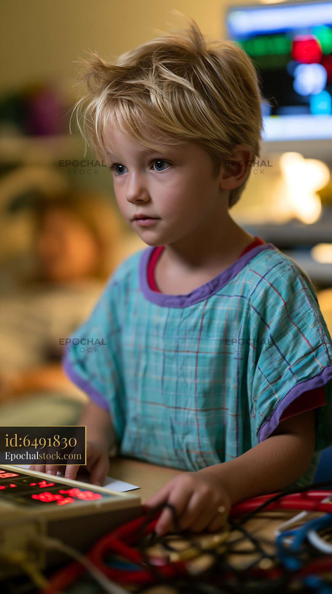 Watermarked full-resolution preview of Child focused on keyboard in a room with computer equipment