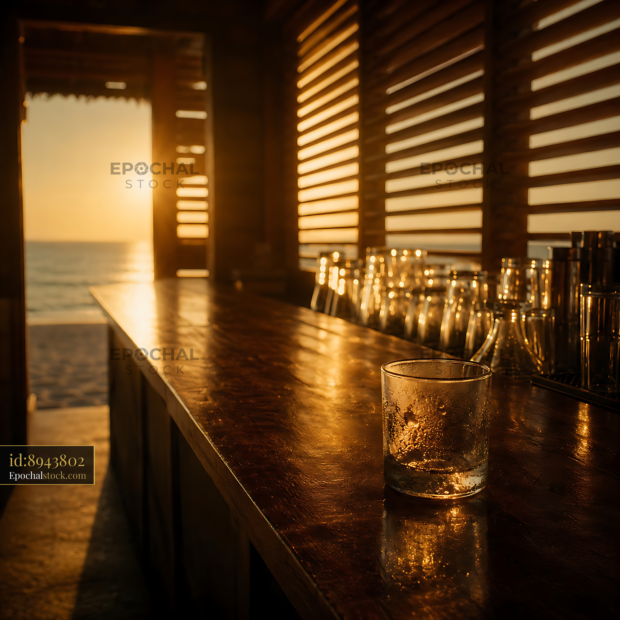 Watermarked full-resolution preview of Bar counter with drink at sunset by the beach