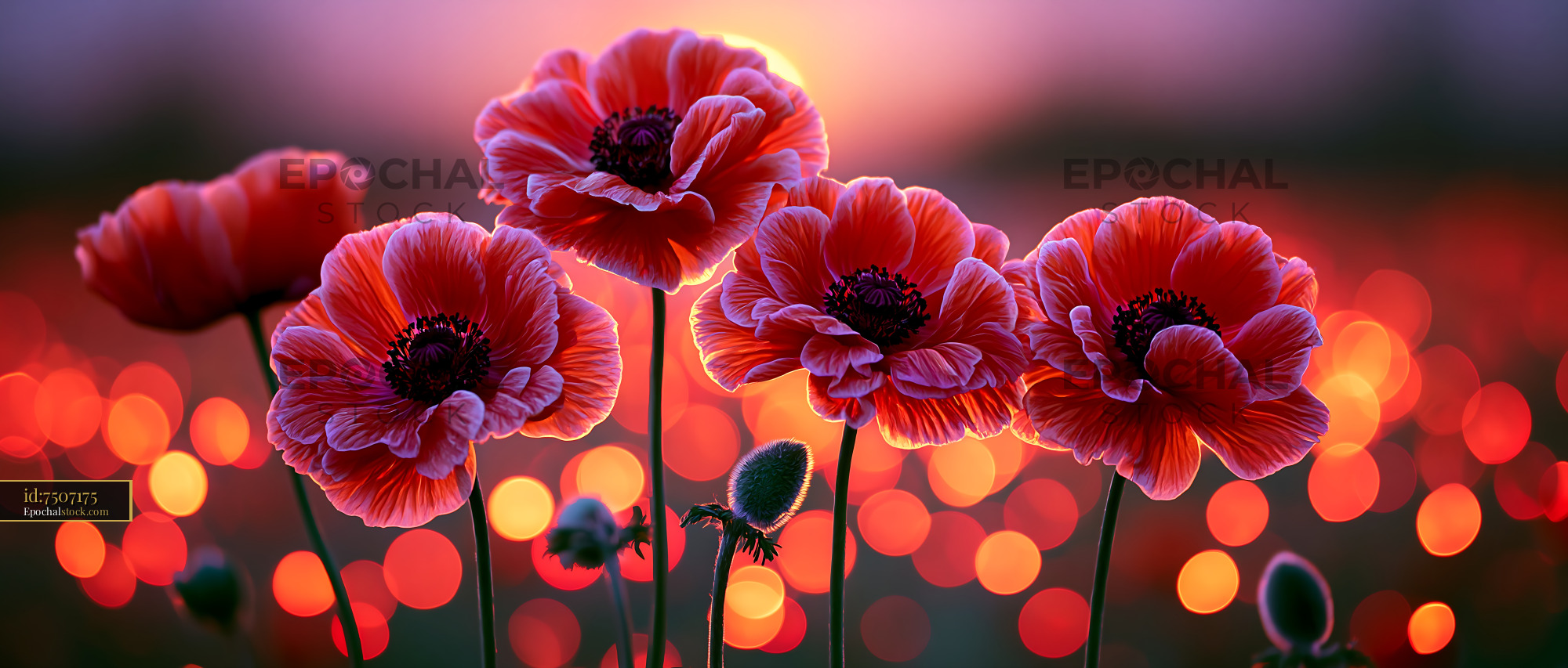 Watermarked full-resolution preview of Poppies blooming in a vibrant field at sunset
