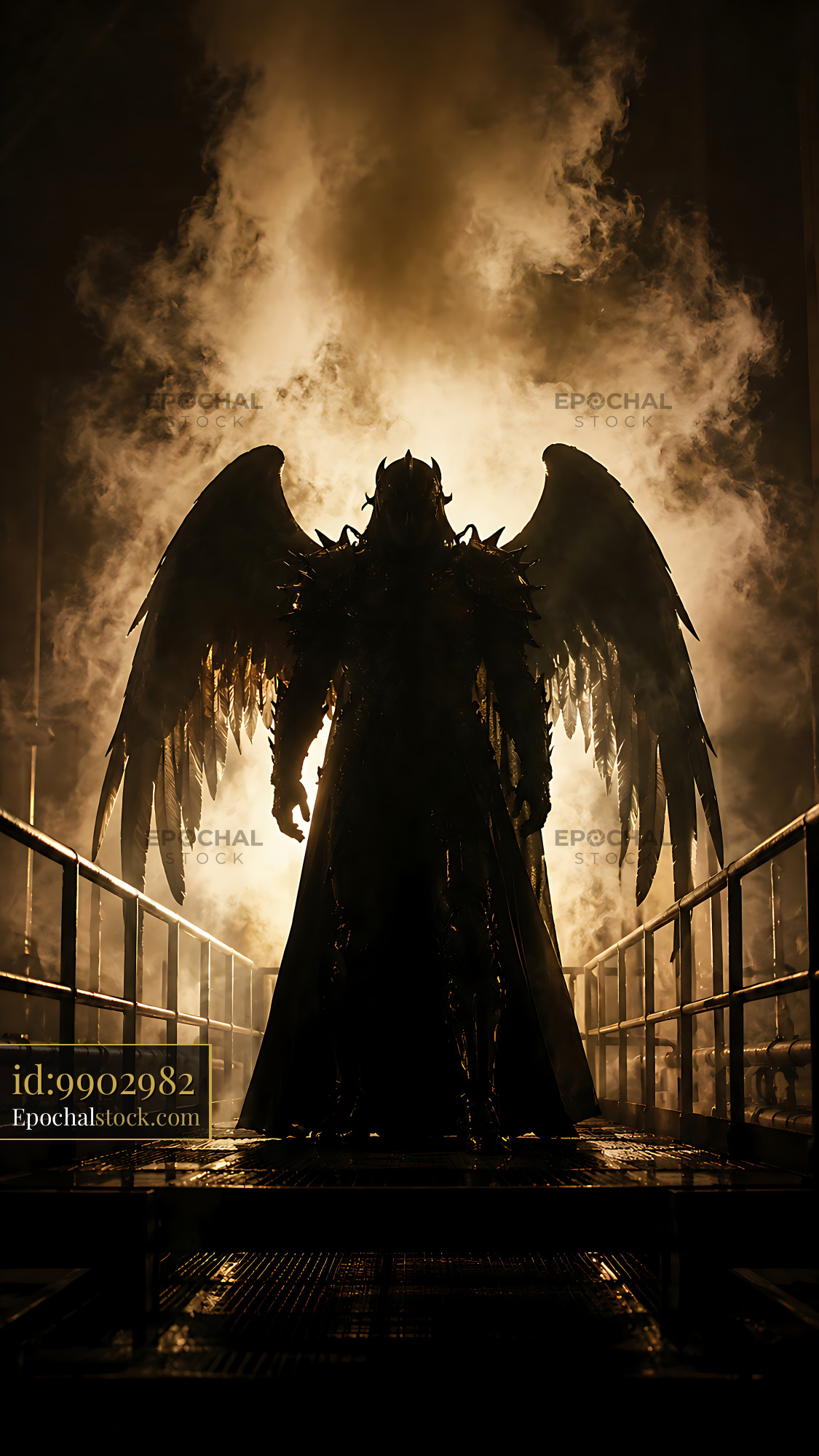 Watermarked full-resolution preview of Dark figure with wings in smoke and mist